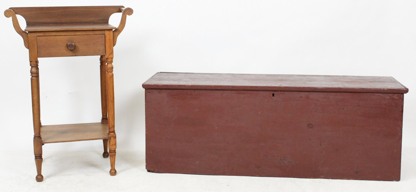 19th c Pine Washstand and Red painted blanket box: 19th c Pine Wash Stand 15 x 23 x 33" and 19th c blanket box 15 x 18 x 48" in later red paint as found blanket box has evidence of feet that have been removed including chipped side