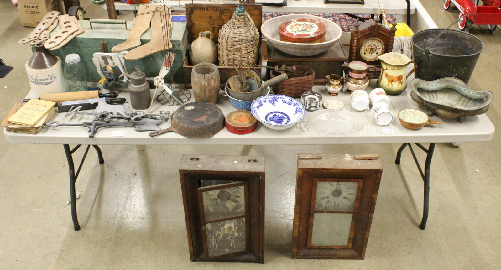 Table Lot of Kitchen, Primitives,: Table lot of kitchen primitives, country smalls, clocks for parts, etc