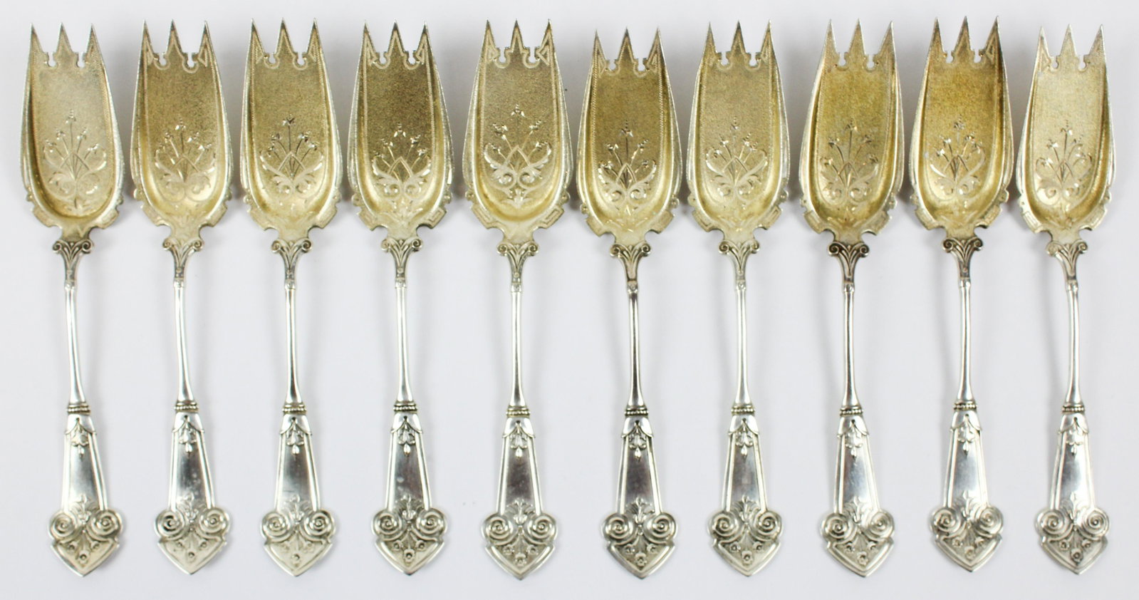 10 Newell Harding Coin Silver Terrapin Forks: Set of 10 Newell Harding & Co. Boston Victorian Renaissance Revival style terrapin seafood forks with unusual bright cut engraved pebbled gold wash vermeil bowls 1.25" x 6.25" -some wear to gold wash,