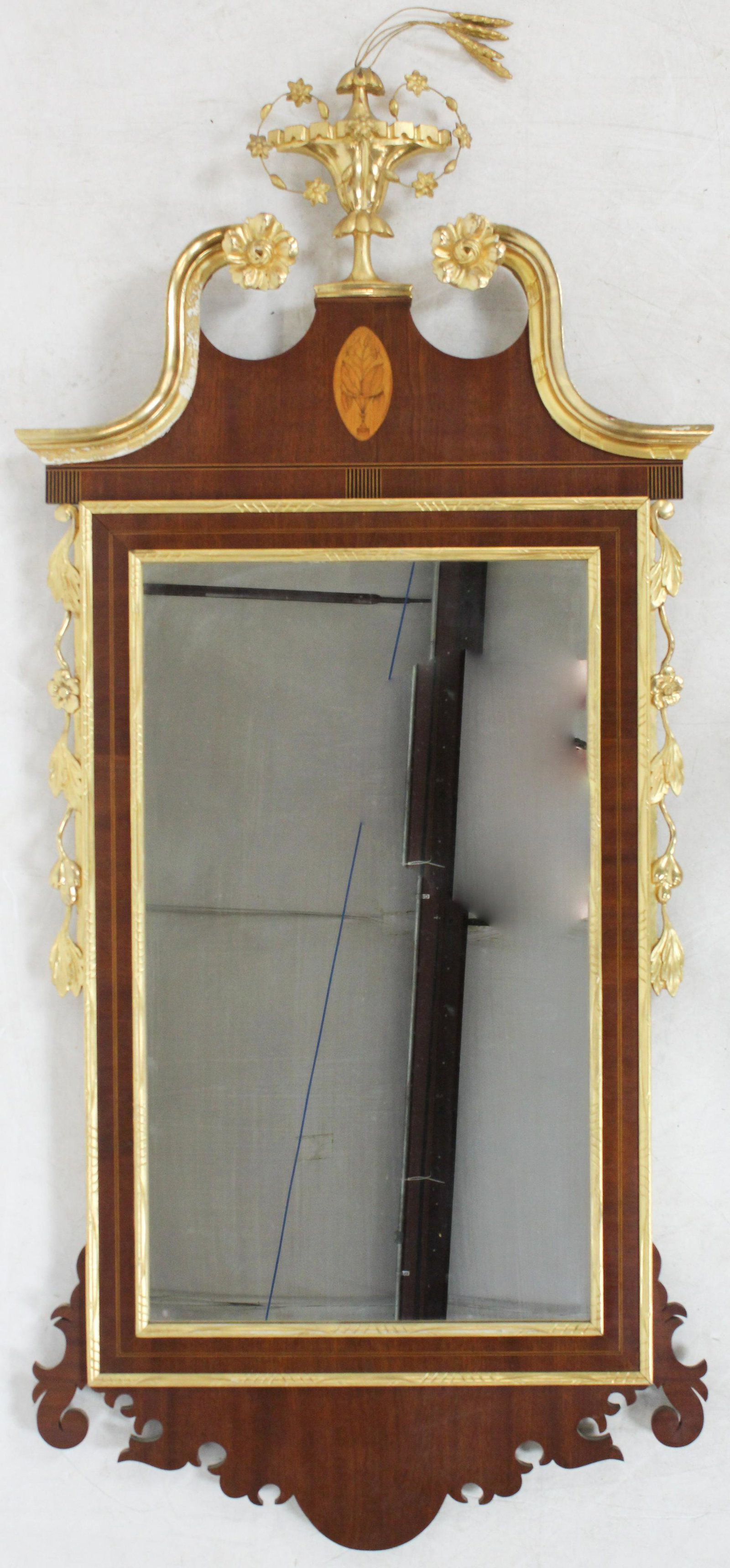 Nathan Margolis Gilt Mirror: Nathan Margolis, Hartford, CT inlaid and lemon gilt wall mirror, presentation inscription hand written on reverse, ht 52" plus metal accents, some gilt worn areas