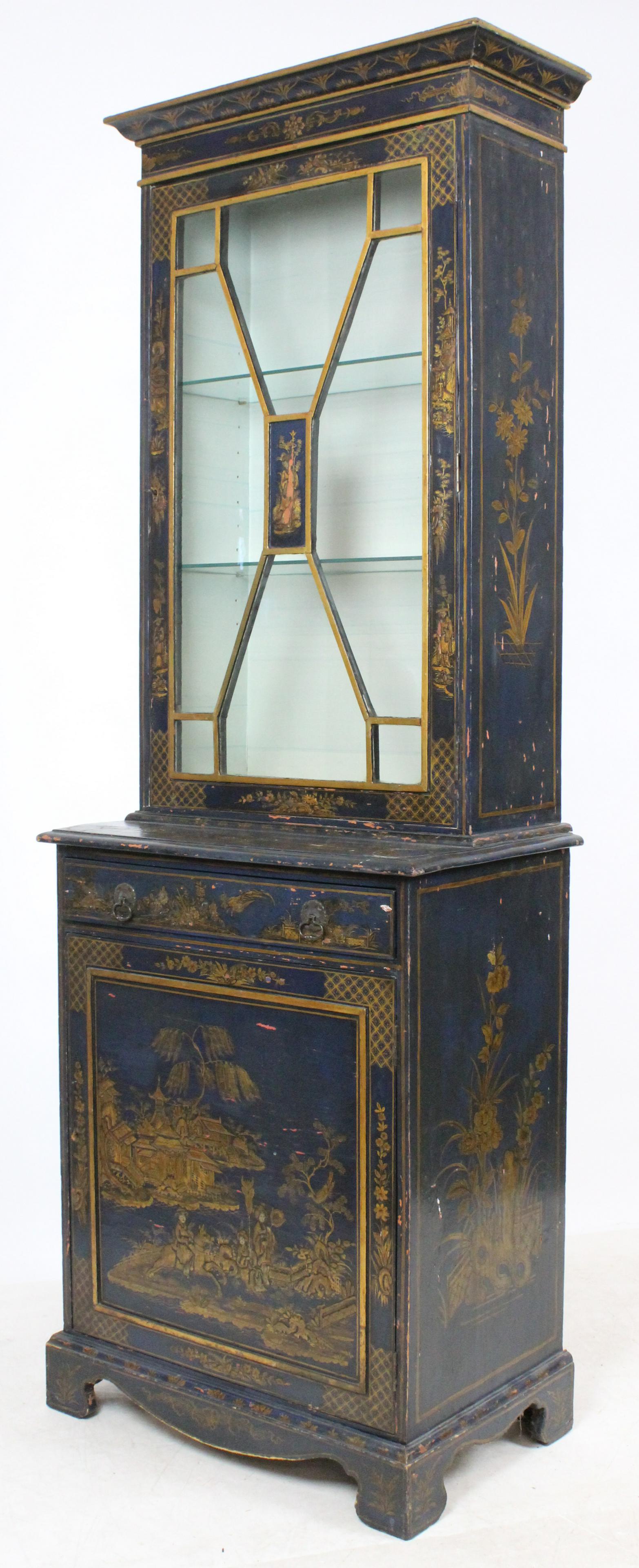 Ca. 1920 Japanned Secretary: Ca. 1920 two part blue chinoiserie secretary. Narrow form with single upper door and glass shelves. Lower case with pull out drawer desk, blue leather, over single door, and bracket base. Overall chin