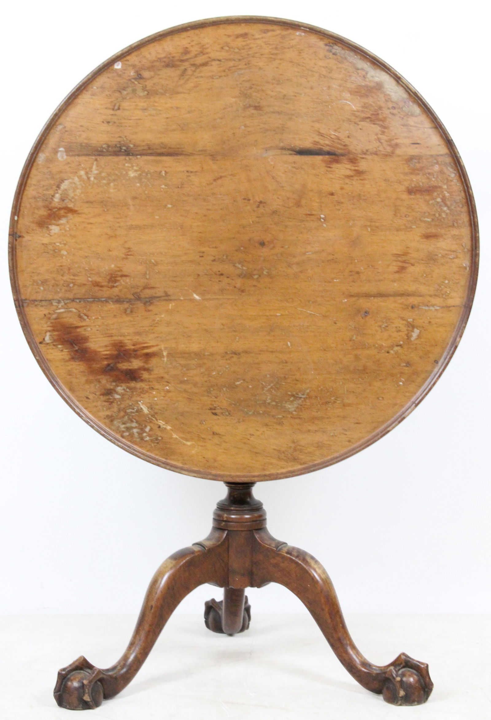 18th Chippendale Walnut Tea Table: Fine 18th c Chippendale bird cage, pie crust top, ball & claw foot, tiger walnut tilt top tea table. Bold talon and claw foot. 32" diameter, 29" high.