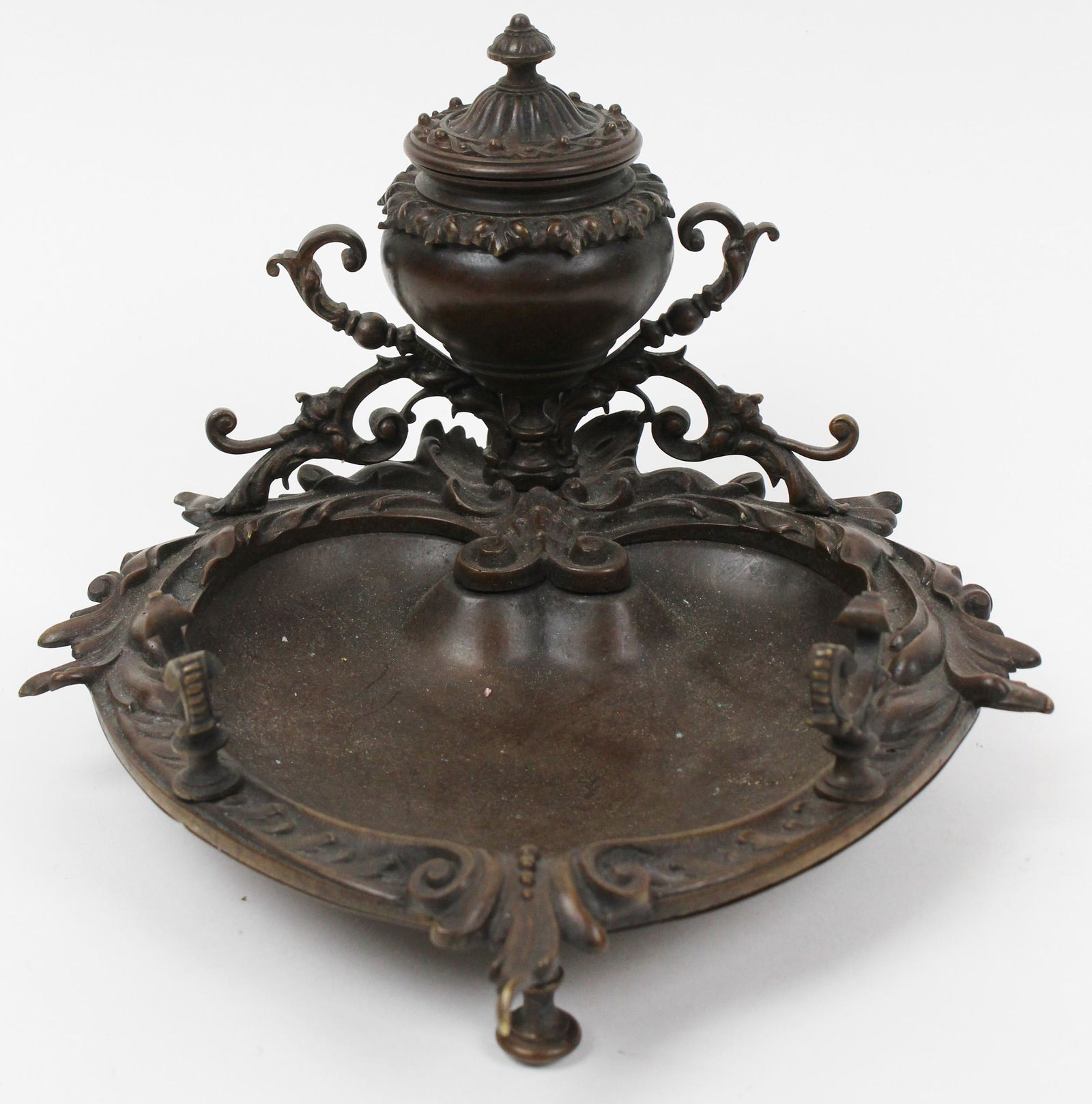 Tiffany & Co Bronze Ink Stand: Tiffany & Co bronze ink/ writing stand, stamped "Tiffany & Co" on base, lacking glass inkwell insert, diameter 8 3/4", ht 6"