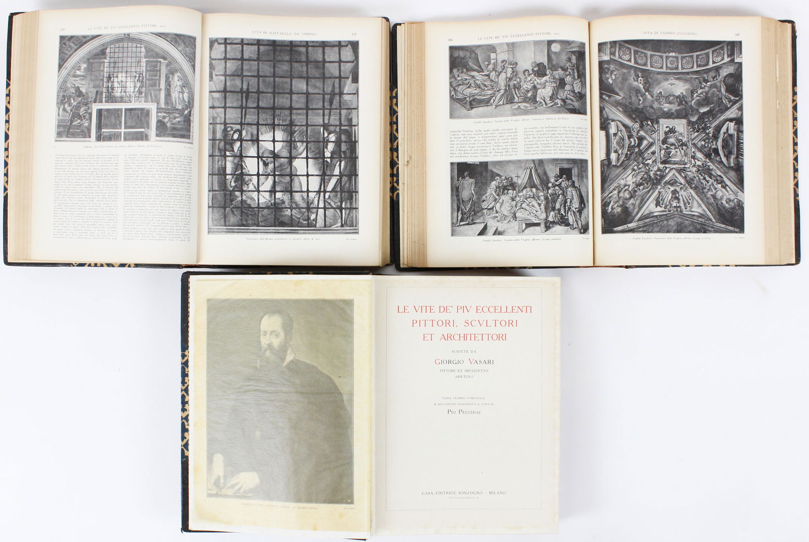 Giorgio Vasari The Lives of the Artists (3 vols): Giorgio Vasari "Le vite de' piu eccellenti pittori, scultori architettori" (The Lives of the Artists), 3 vols, 1928, Milan, 8vo, 3/4 calf bindings, illustartion frontis vol 1 loose but present