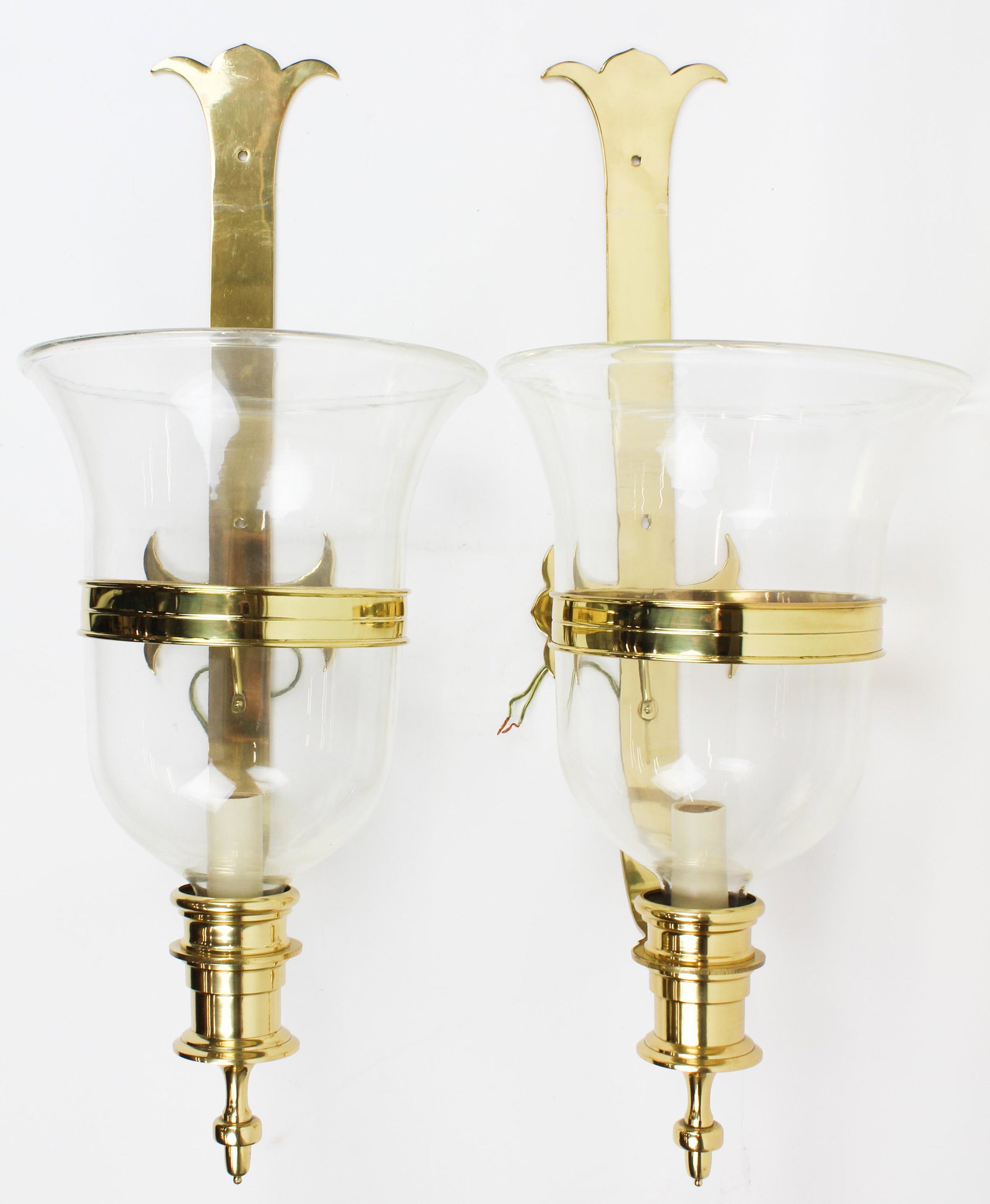 Pr of Brass and Glass Wall Sconces: Pr of late 20th c brass and glass wall sconces with blown glass hurricane shades, folded rims, ht 29"