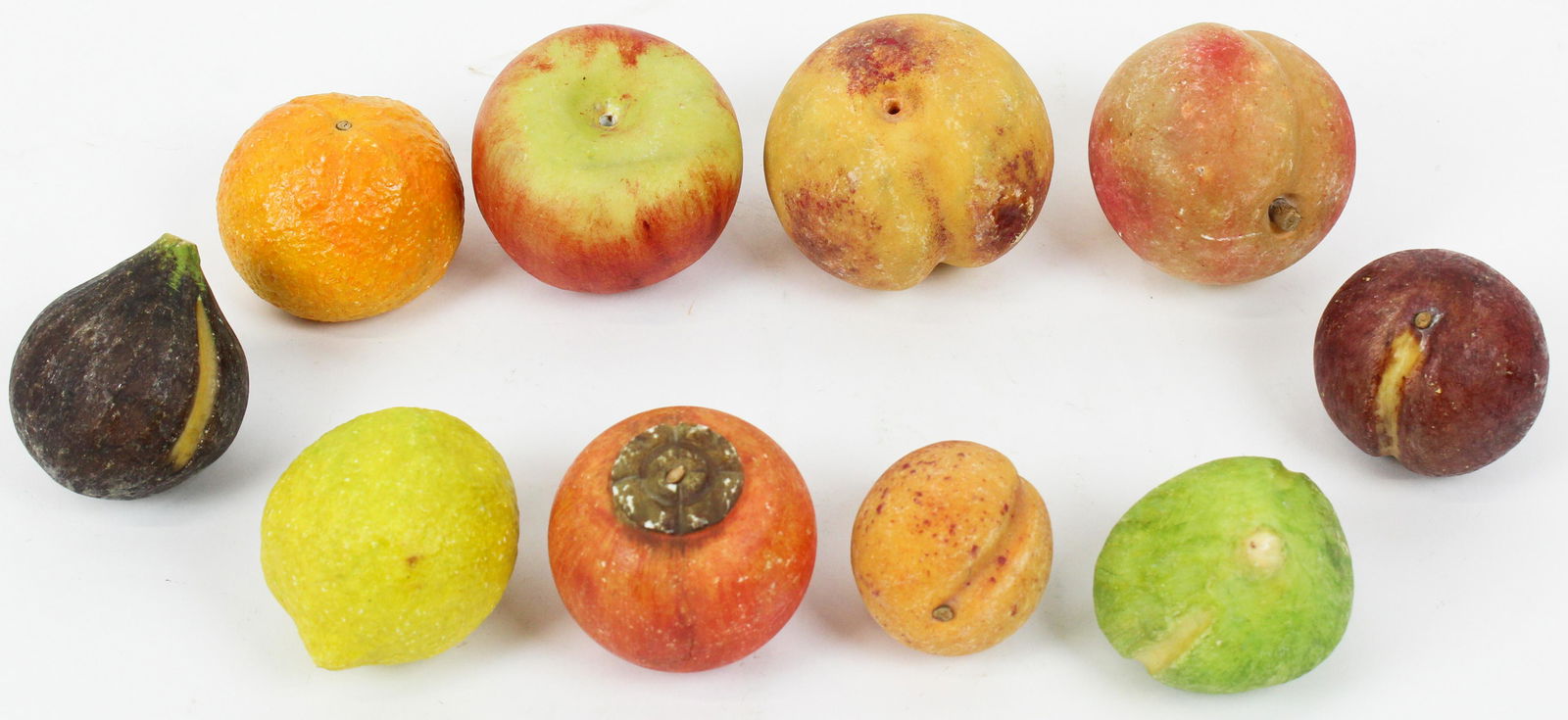 Early 20th c Italian Marble Stone Fruit: Early 20th c Italian painted marble stone fruit (10 pcs), diameters from 2" to 3 1/4", light wear, one has small chip