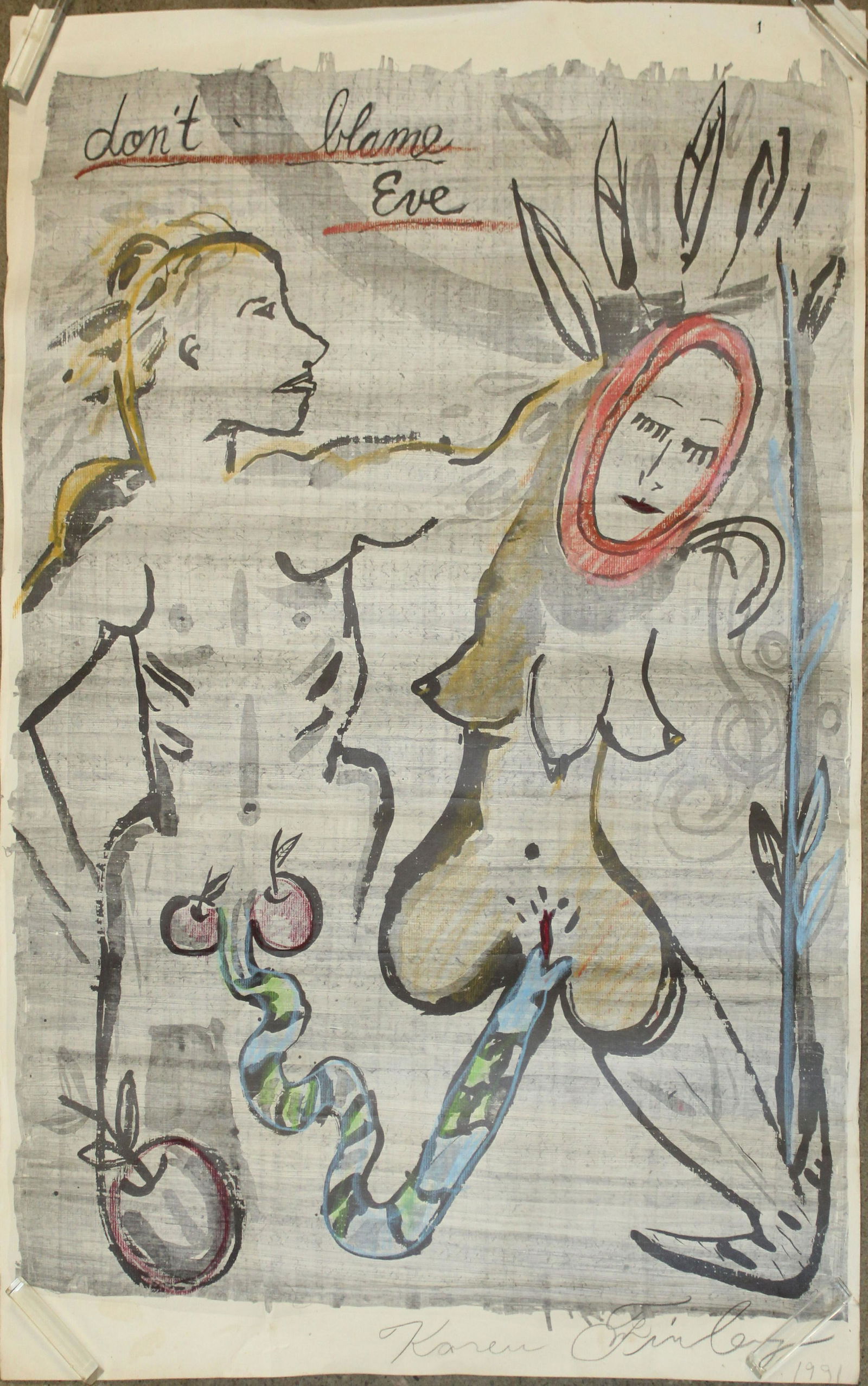 Karen Finley (AM 1956-) Don't Blame Eve: Karen Finley (American 1956-) Don't Blame Eve 24 x 33" unframed lithograph on paper signed lower margin , Dated 1991 curved as issued, minor tears along edges.