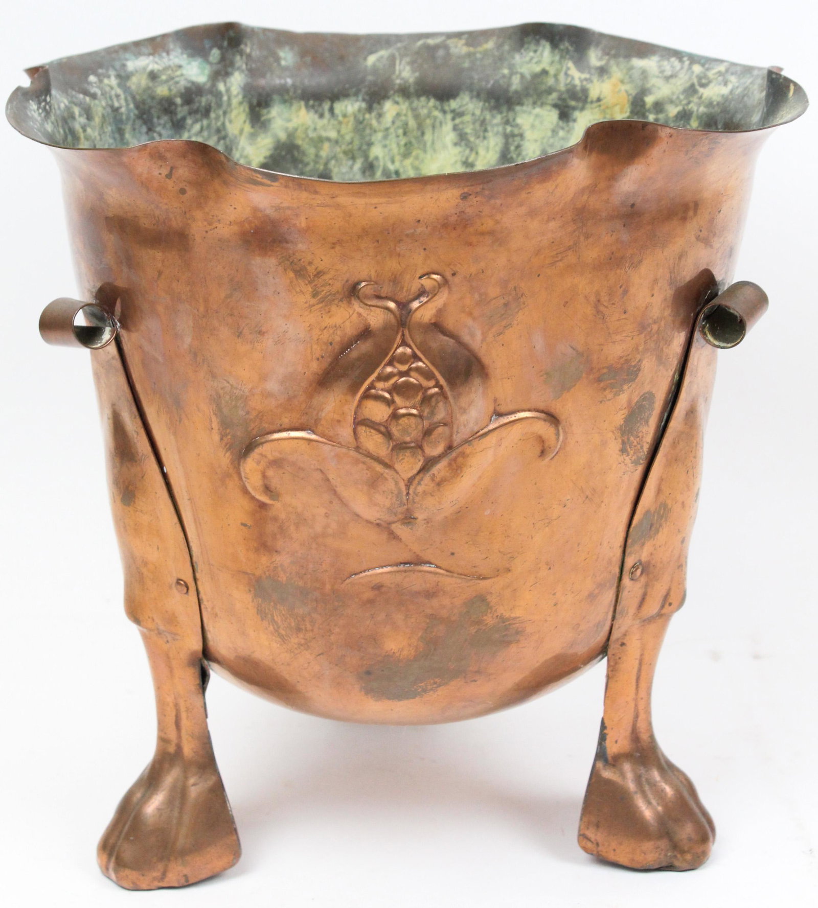English Arts & Crafts Copper Footed Planter: English Arts & Crafts copper footed plant pot, ht 11 1/4"