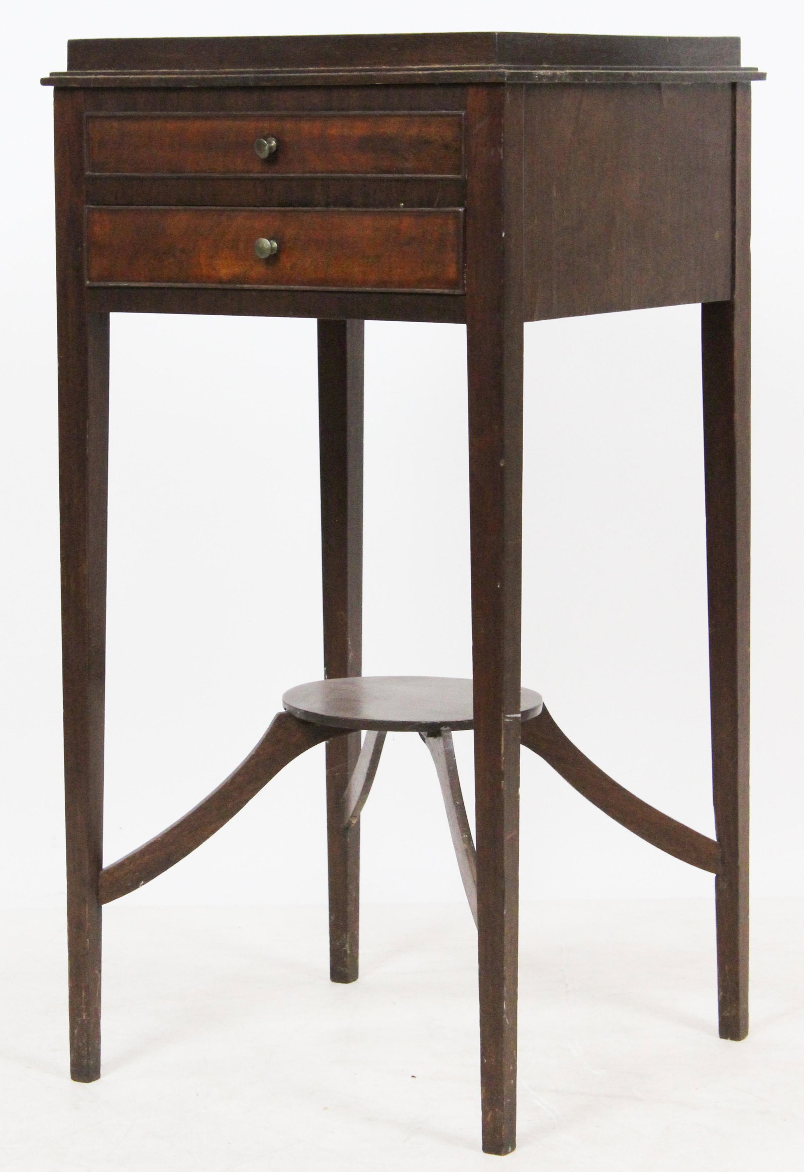 Delicate 1800 Hepplewhite Mahogany Washstand: Delicate ca 1800 Hepplewhite mahogany washstand with arched cross stretchers and shelf on base, two dovetailed drawers, , ht 30"
