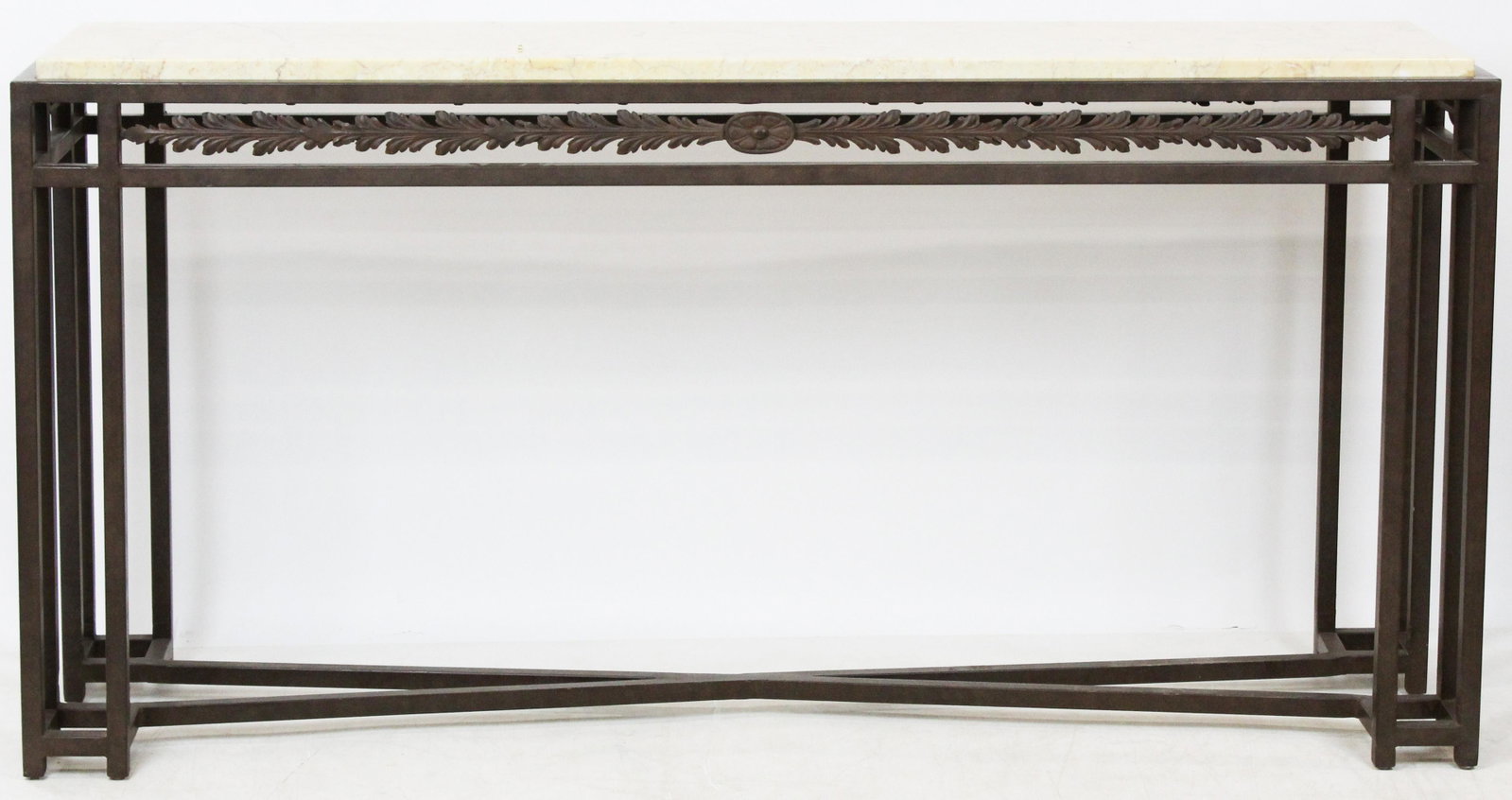 Modern Marble Top Steel Console Table: Modern Italian Neoclassical Console Table, patinated steel with a marble top, length 70", ht 35"