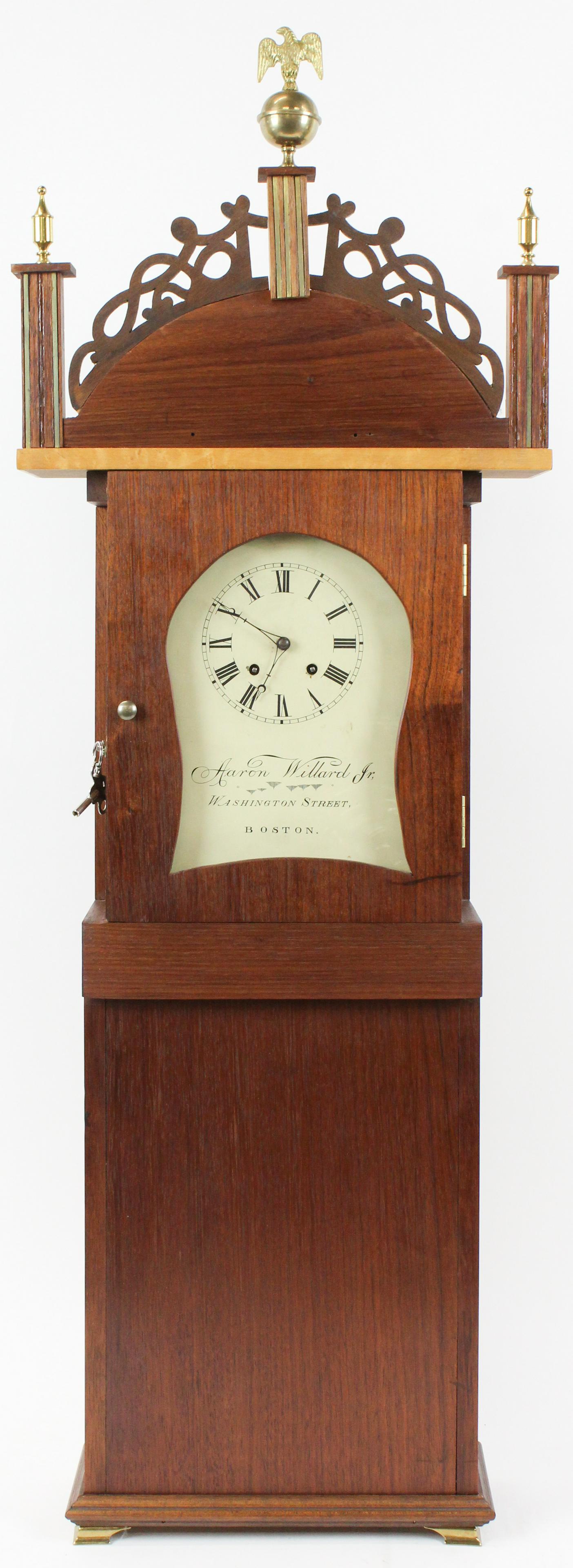 Aaron Willard Reproduction Dwarf Clock: Aaron Willard, Jr late 20th c reproduction dwarf clock, mahogany case, ht 40 1/2" without brass finial