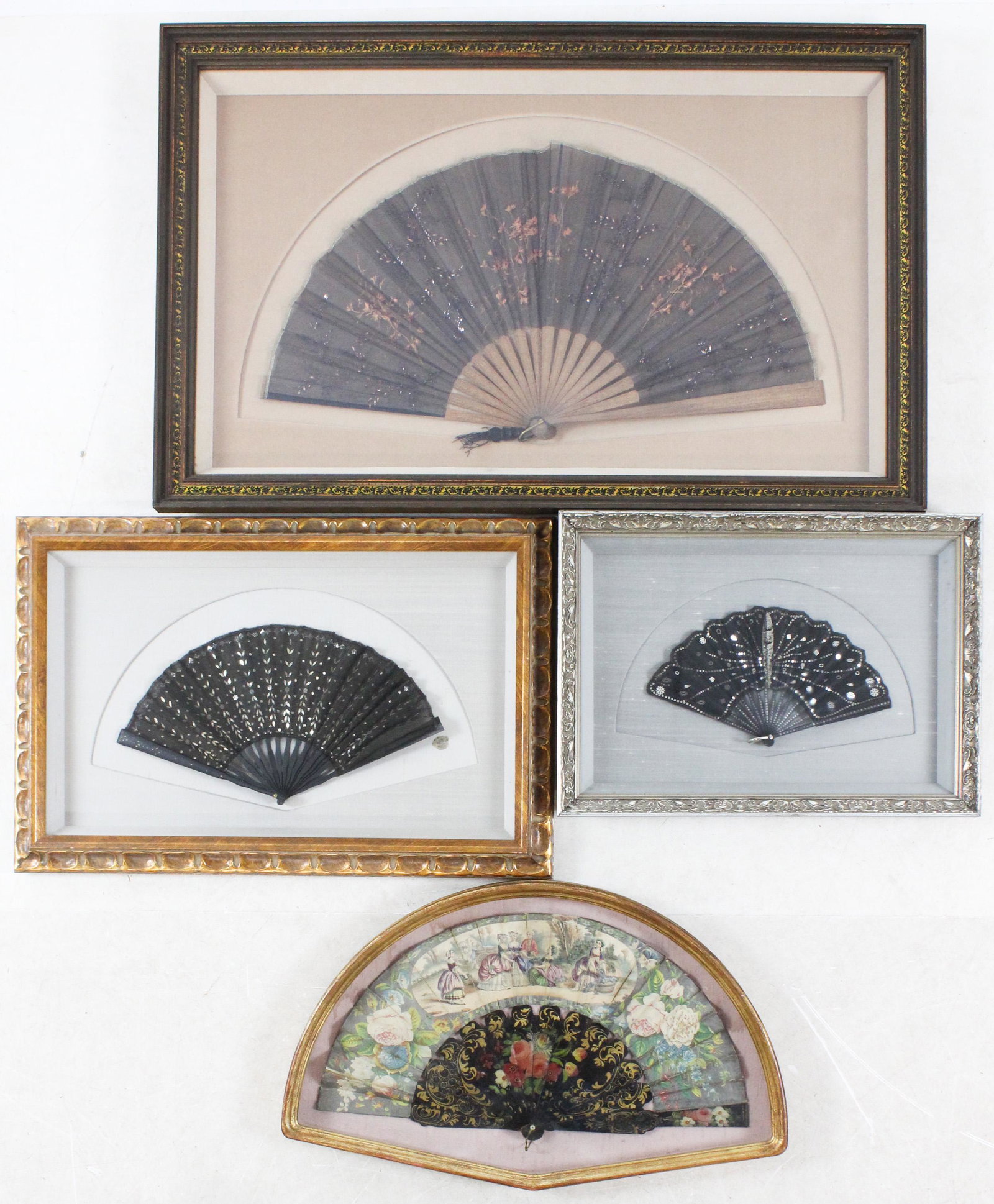 Four 19th c Victorian fans in Shadow Frames: Four 19th c Victorian fans in shadow box frames,painted lacquer and hand colored paper folding fan, beaded black fans, overall frame sizes 14" x 19" to 22" x 35"