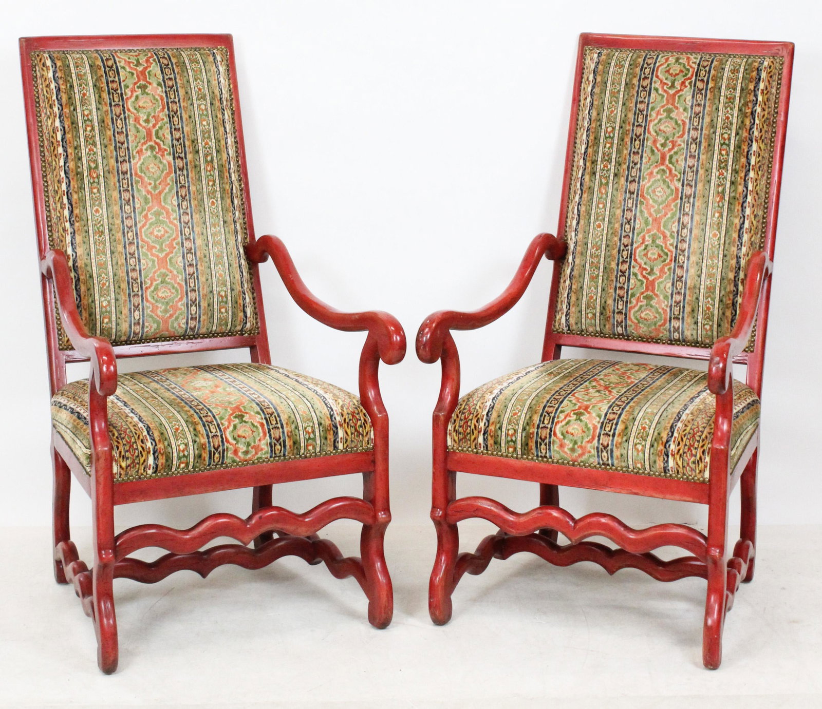 Pair of Louis XIV Style Armchairs: Pair of Contemporary Louis XIV "Os de Mouton" Style armchairs with simulated Persian carpet upholstery with red lacquer finish 22 X 30 X 48"