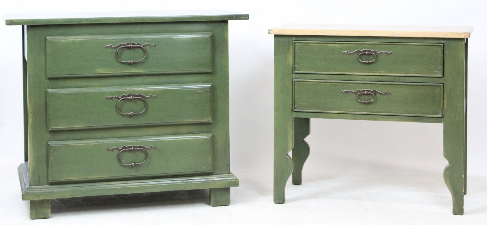 Bausman and Co Side Tables: Pair of Bausman and Co Provincial Green painted side tables one 3 drawer 36 x 20 x 30" one two drawer stand 30 x 16 30"