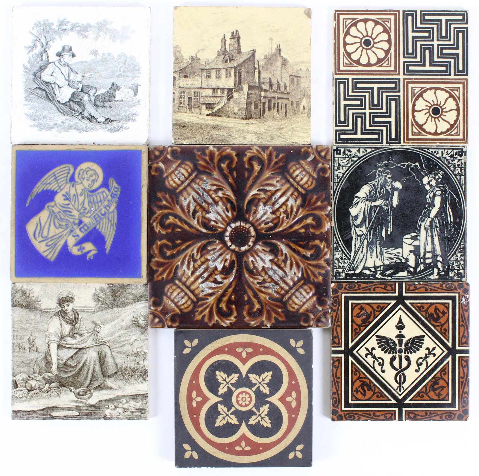 Collection of 9 Minton Decorative Pottery Tiles: Collection of 9 Minton Victorian decorative tiles including encaustic pottery, Two Aesthetic Movement geometric, 4 scenic and figural transfer decorated, and one large brown majolica embossed tile 6" 