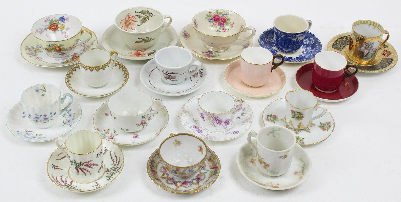 16 European Porcelain Cups and Saucers: Collection of 16 European porcelain cups and saucers by various makers including Austrian beehive mark demitasse, Shelley, Ginori, Limoges, Royal Worcester, Schumann, Adams Williamsburg Palace blue tr