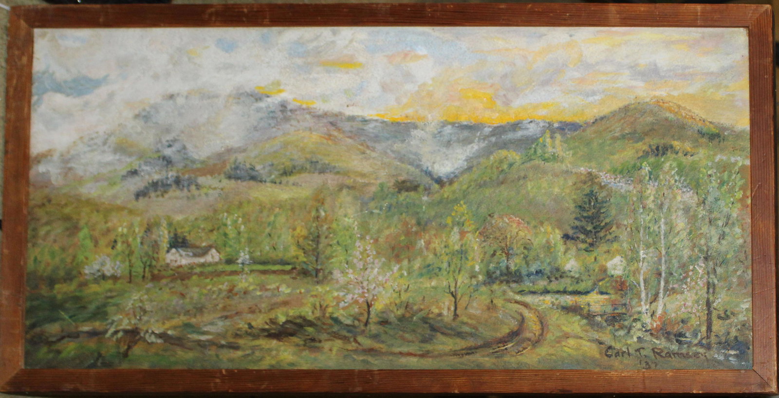 Carl T Ramsey (VT 20th c): Carl T Ramsey (Vermont 20th c ) Spring Mist - Dorset Vermont oil on board signed lower right dated 37' identified reverse 12 x 25"