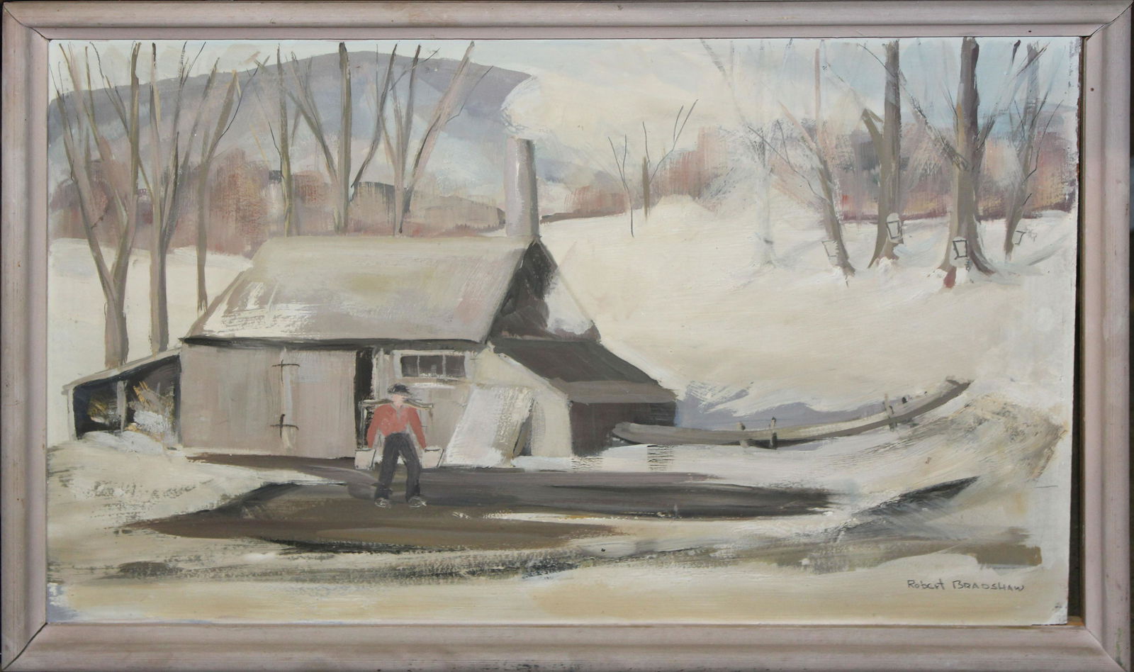 Robert Bradshaw ( VT 20th c): Robert Bradshaw (Vermont 20th c ) The Sugar House oil on masonite 24 x 15" signed lower right