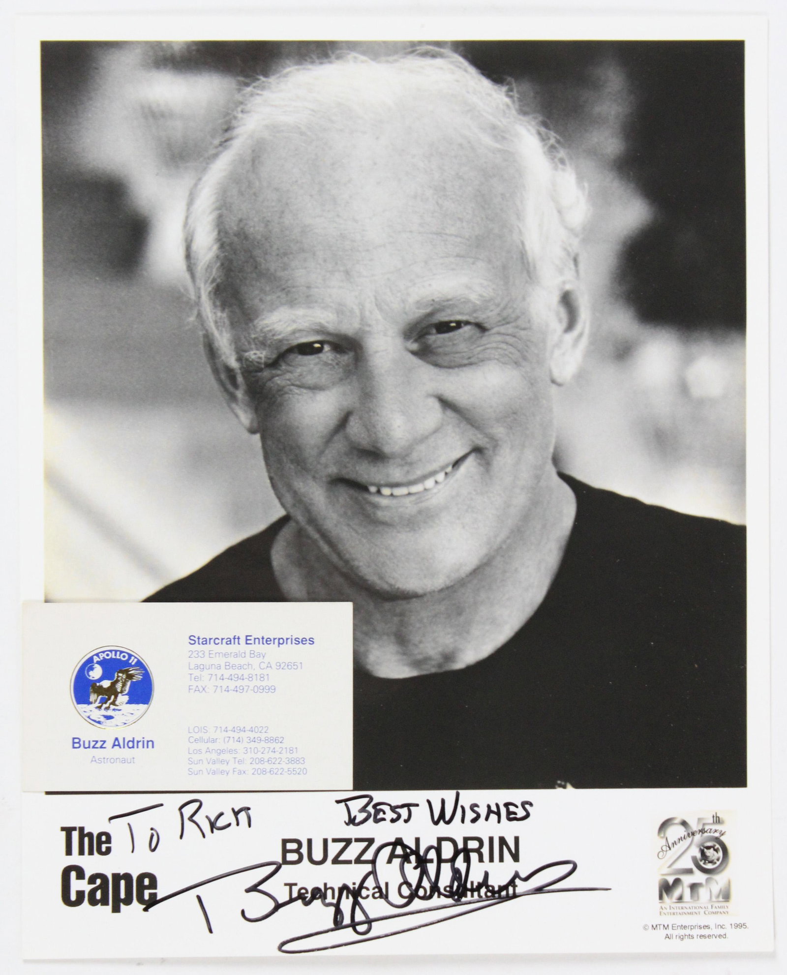 Buzz Aldrin: (1930- ) 1996 TV Series "The Cape" promotional photo of Buzz Aldrin as Technical Consultant signed and inscribed to Richard "Rick" Busciglio, 9 1/2" x 7 1/2" along with Starcraft Enterprises "Buzz Ald