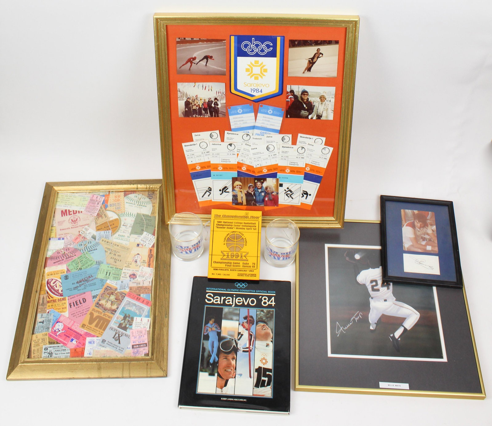 Willie Mays, Jimmy Conners, 1984 Olympics: Willie Mays, Jimmy Conners signatures, 1984 Olympics snapshots, tickets, various sporting events tickets, Super Bowl 18 rocks glasses, etc (8 pcs)
