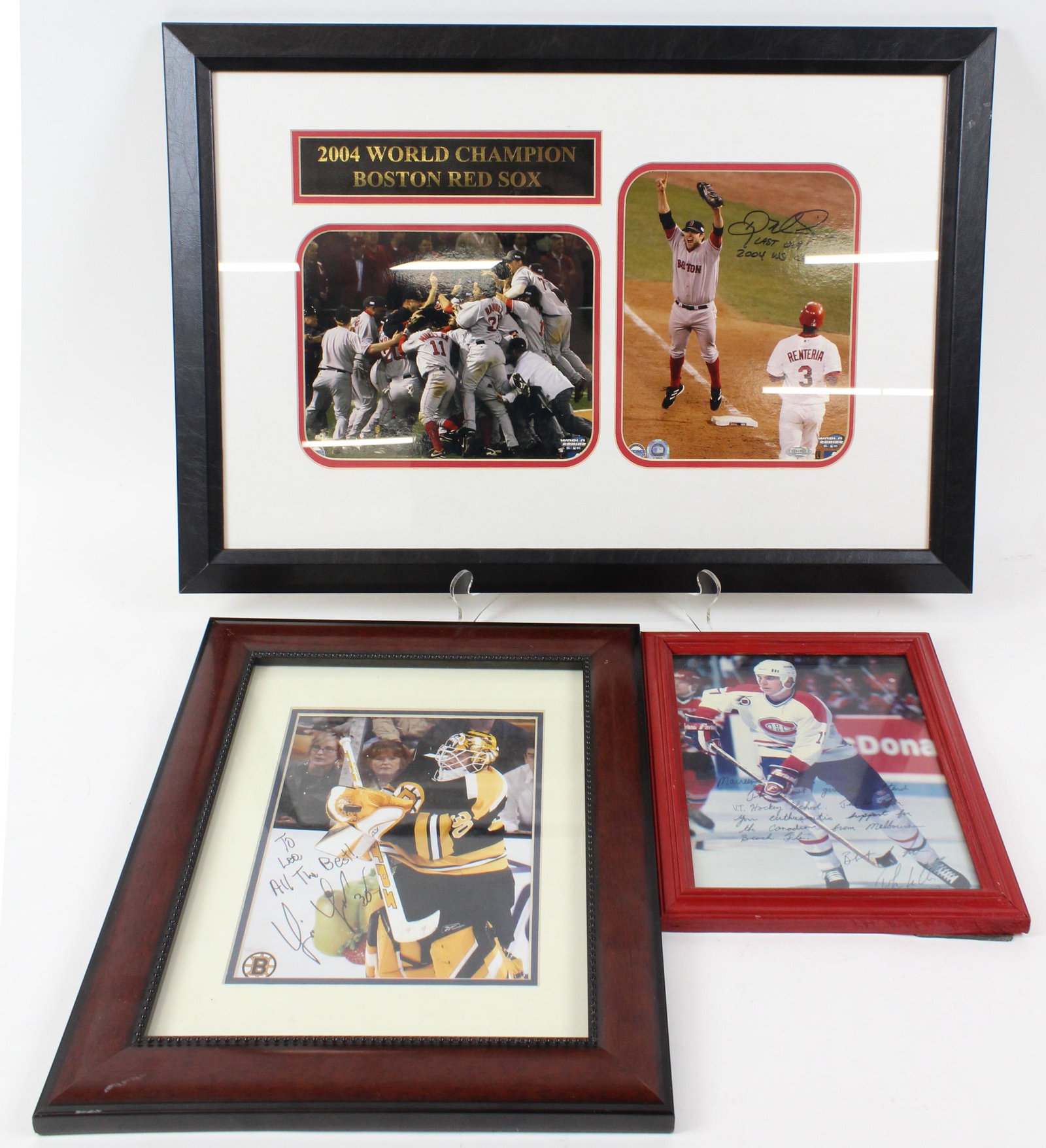 John LeClair, Tim Thomas, Doug Mientkiewicz: John LeClair Montreal Canadiens photo with signature and inscription, Tim Thomas Boston Bruins photo with signature, Doug Mientkiewicz 2004 Boston Red Sox World Champions "Last Out" photo with signatu