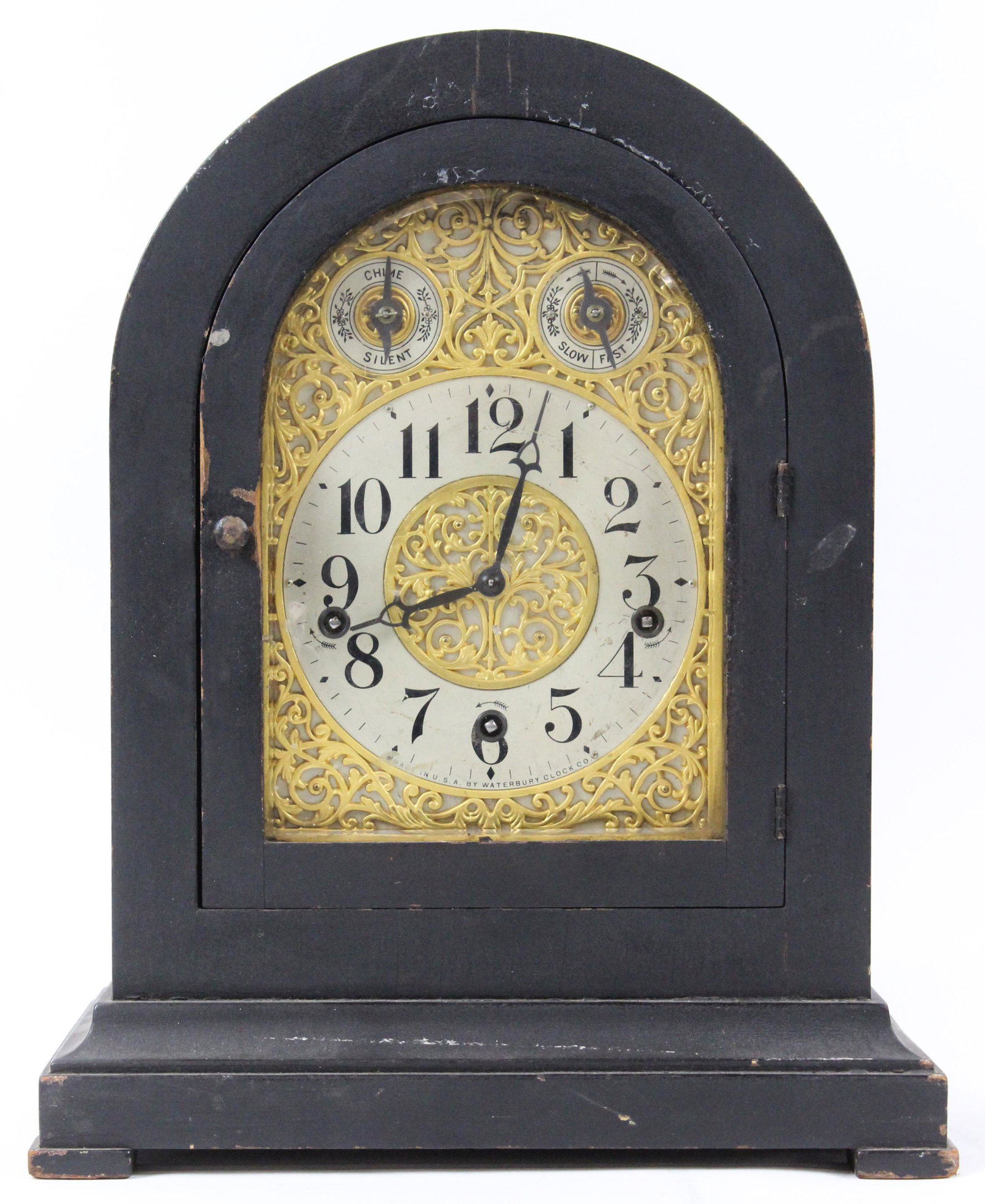 Waterbury Shelf Clock with Chime Movement: Ca 1920 Waterbury Clock company beehive shelf clock with Westminster chime movement, black painted case, with shelf bracket, lacking pendulum, clock ht 16 1/4"