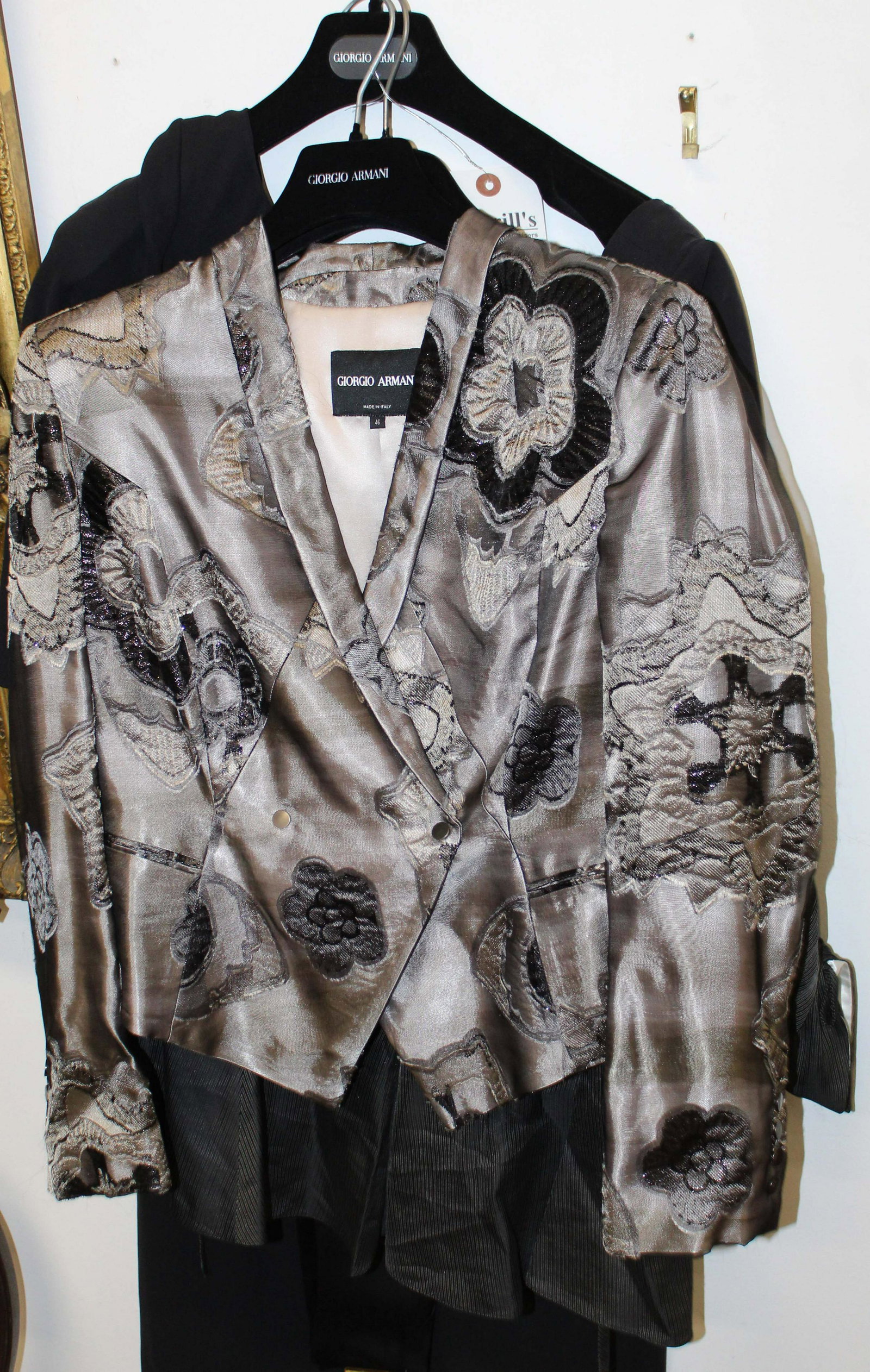 Giorgio Armani, Jacques Fath Designer Fashions: Two Giorgio Armani designer fashion jackets (size 42 with matching skirt, size 46), Giorgio Armani one piece dress size 46), slip top size 48, Jacques Fath, Paris designer fashion suit jacket w/ match