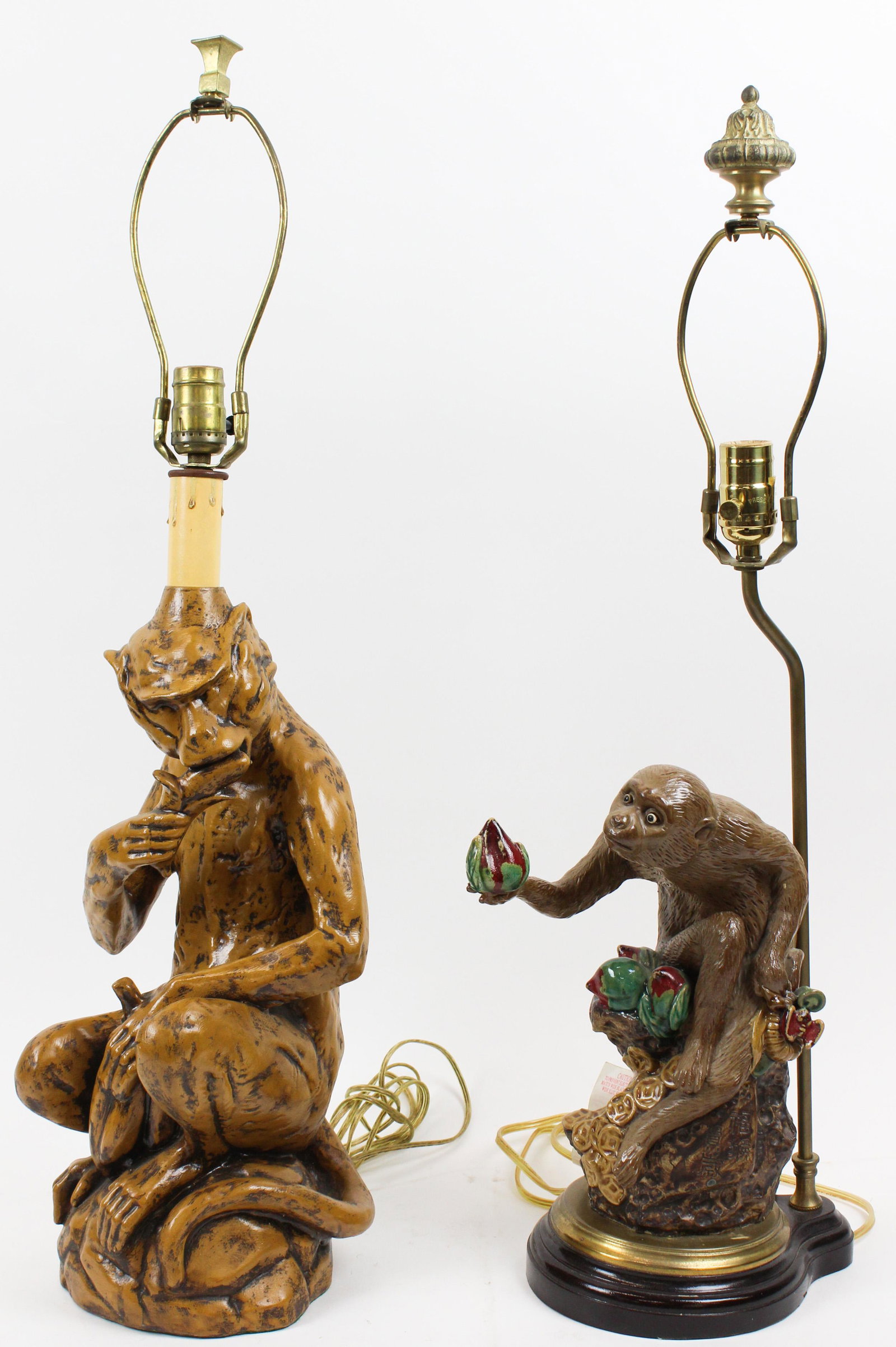 Two 20th c Monkey Table Lamps: Two 20th c Monkey table lamps, one with repaired foot, overall hts 29 1/2", 31 1/2"