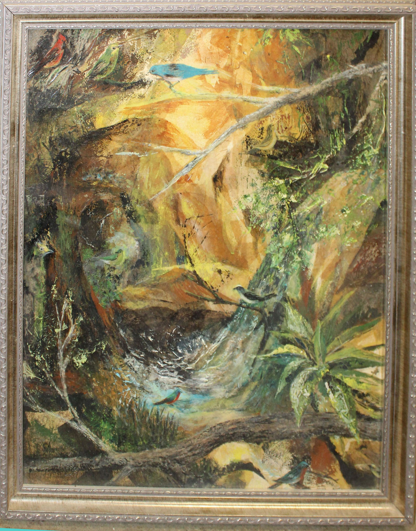 Unsigned 20th c Jungle landscape: Unsigned 20th c Jungle landscape oil on masonite 30 x 22"