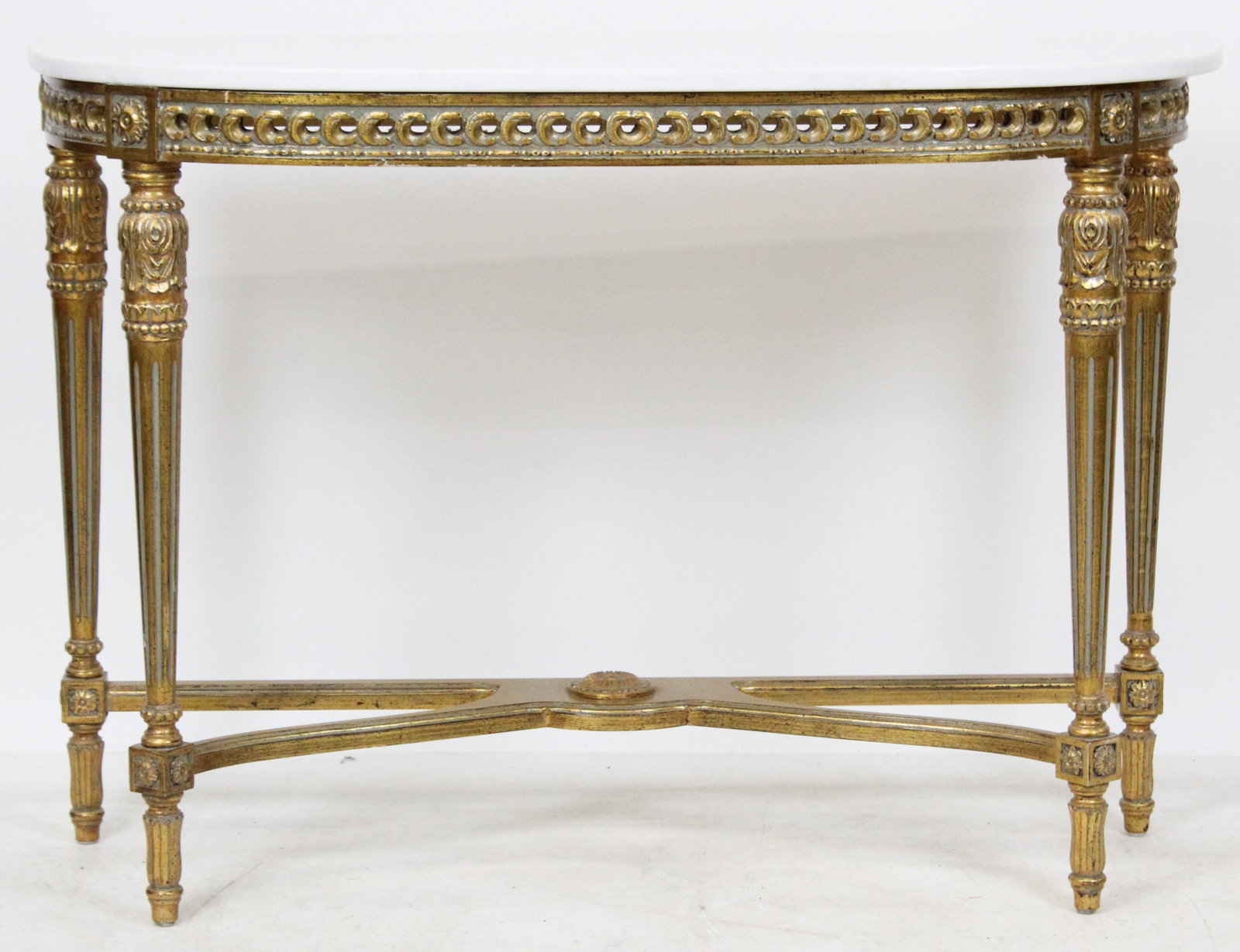 Italian Neoclassical Marble Top Console Table: late 20th c. Italian carved gilt neoclassical style demilune console hall table with white marble top 45.5" x 32"x 19"