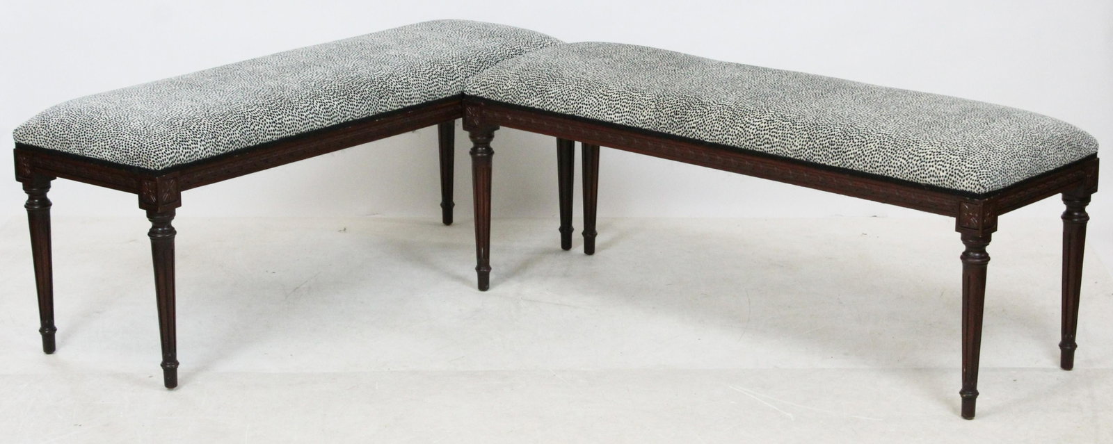 Pair of French Louis XVI Style Window Seats: Pair of late 20th c. French Louis XVI style window seats or end of bed low benches in dark stained wood and black and white animal print velvet upholstery 19" x 16" x 28" -excellent condition