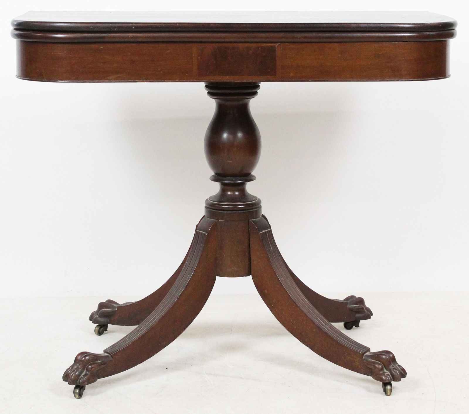 NeoClassical "Duncan Phyfe" Style Card Table: Neoclassical mahogany "Duncan Phyfe" style card table 34 x 29" with 20" folding top.