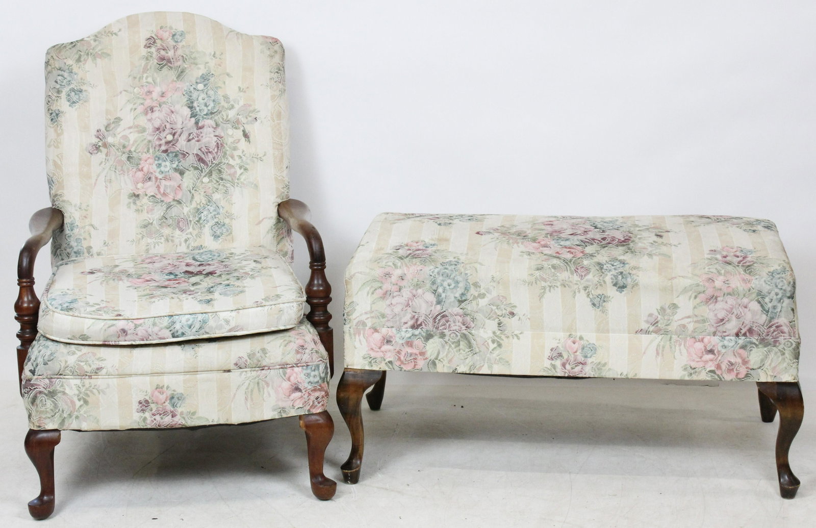 Queen Anne Style Lolling Chair and Ottoman: Queen Anne Style lolling chair circa 1930 with later floral upholstery chair is 24 x 25 x 35" ottoman is 18 x 19 x 37"