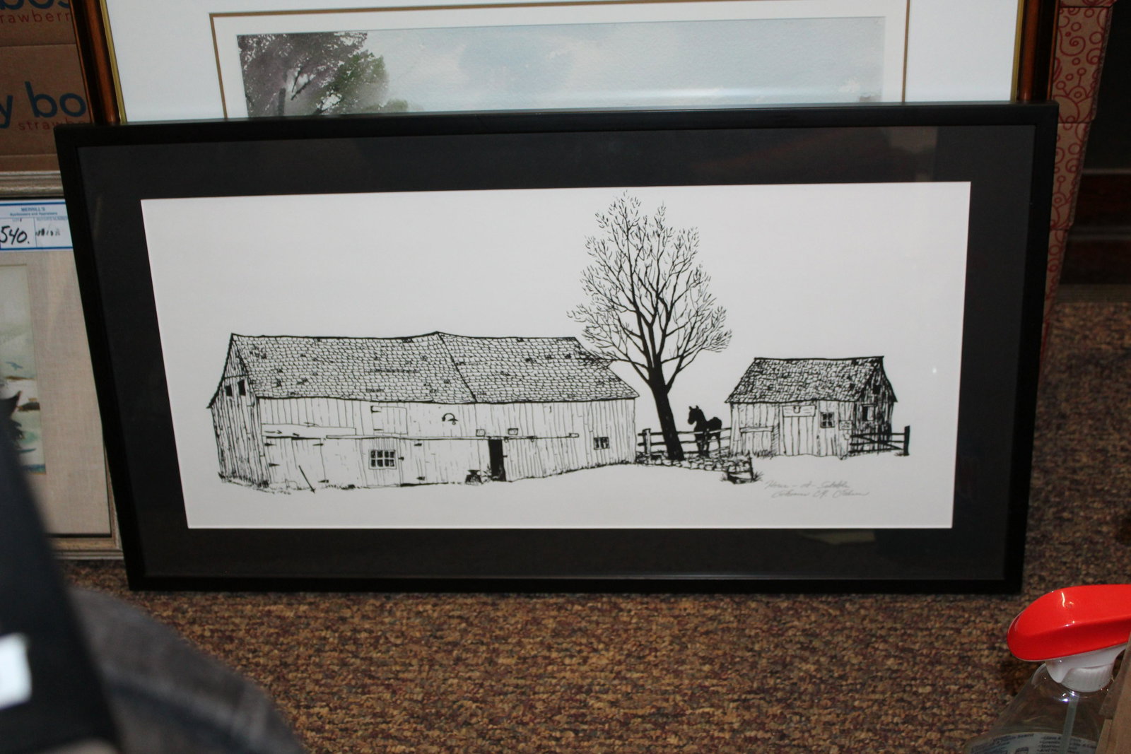 Thomas M Johnson "Horse at Stable" Print: Thomas M Johnson (VT 1922- 2019) print "Horse at Stable", titled and signed in pencil, framed and matted, sight 10 1/4" x 22 1/2"