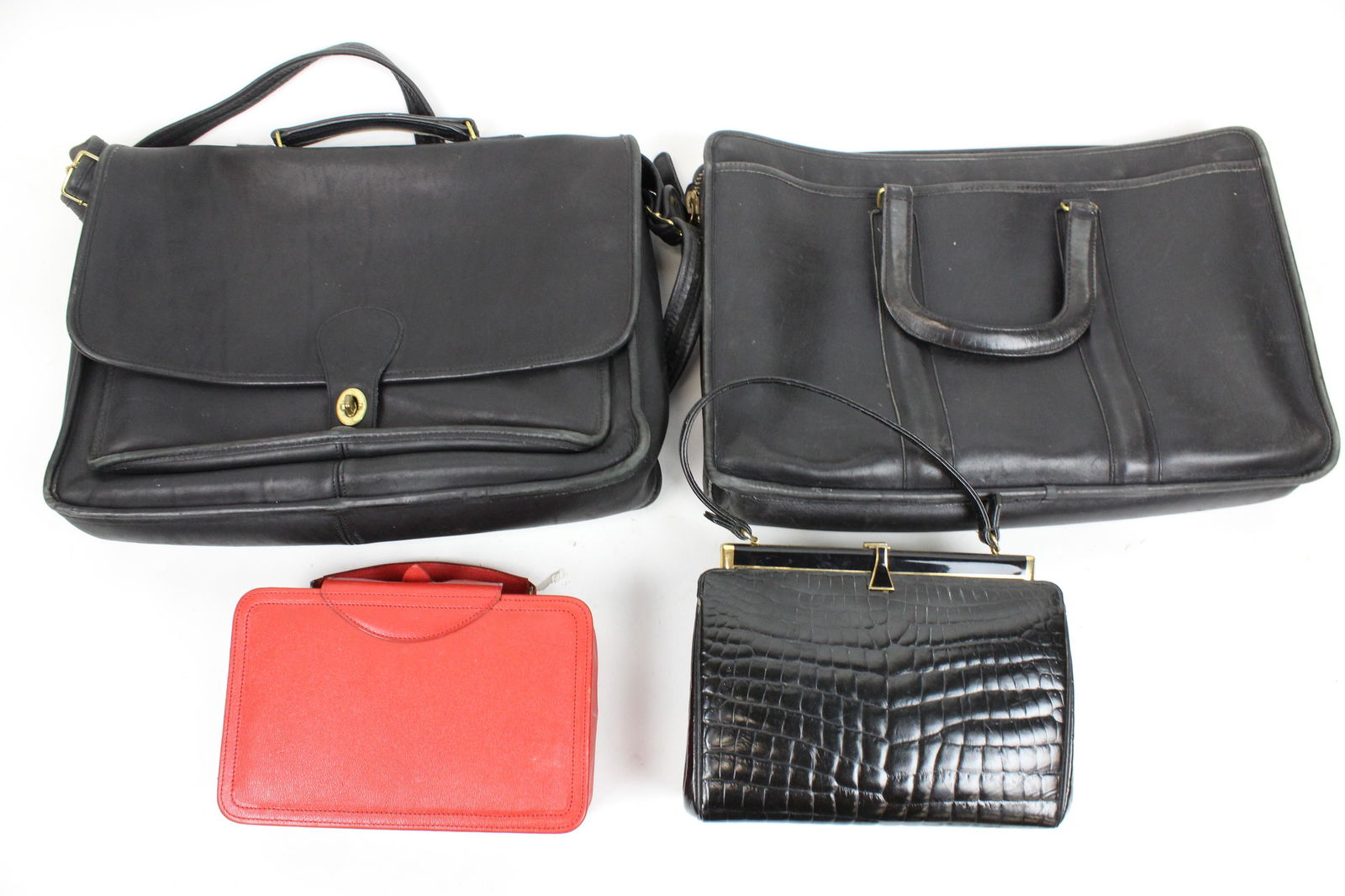 Dofan Alligator, Birks, Coach Bags: Dofan alligator handbag, Birks vanity box, Cooach leather bag, another leather valise, lengths 9" to 16"