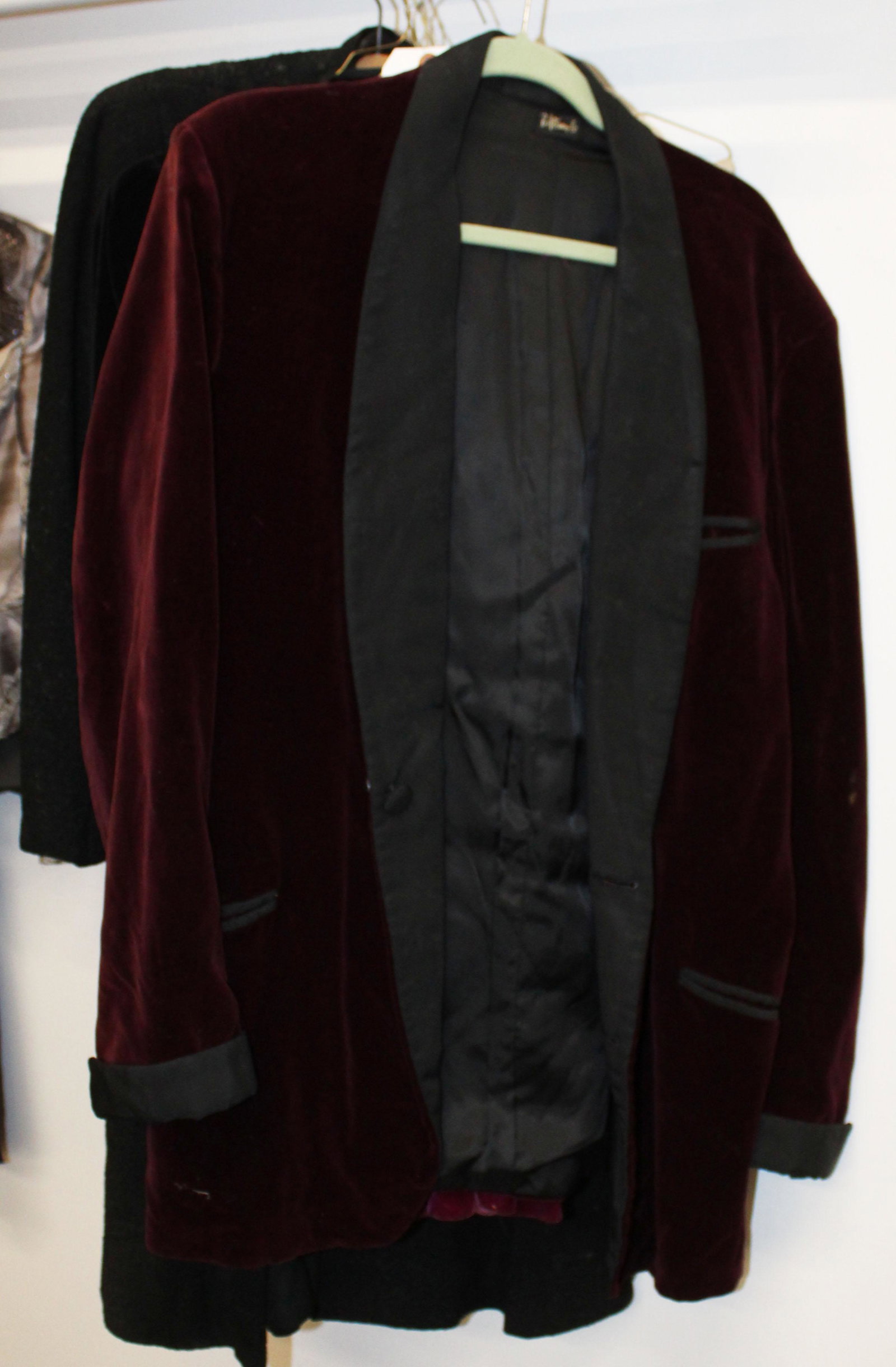 Lot of Vintage Clothing: 2 Blazers from Arcade Dress Co- Bridgeport CT. and a Mens Velvet smoking jacket approx size 42 reg..
