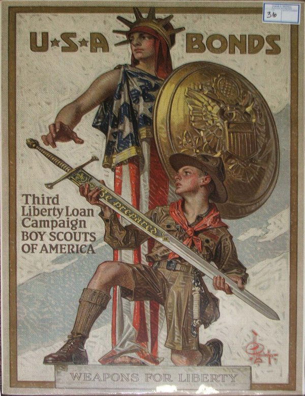 WWI 3rd Liberty Loan poster: 28 x 22 in Leyendecker Boy Scout with Lady Liberty