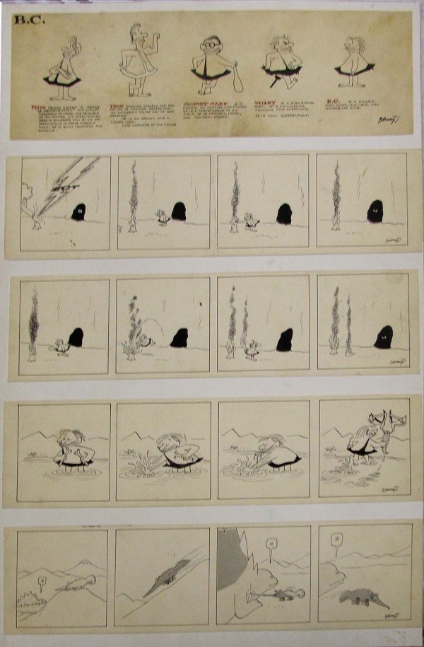 5 Johnny Hart "BC" daily strips: Including character studies possibly done as gift for cartoon class (No publishing dates/marks)