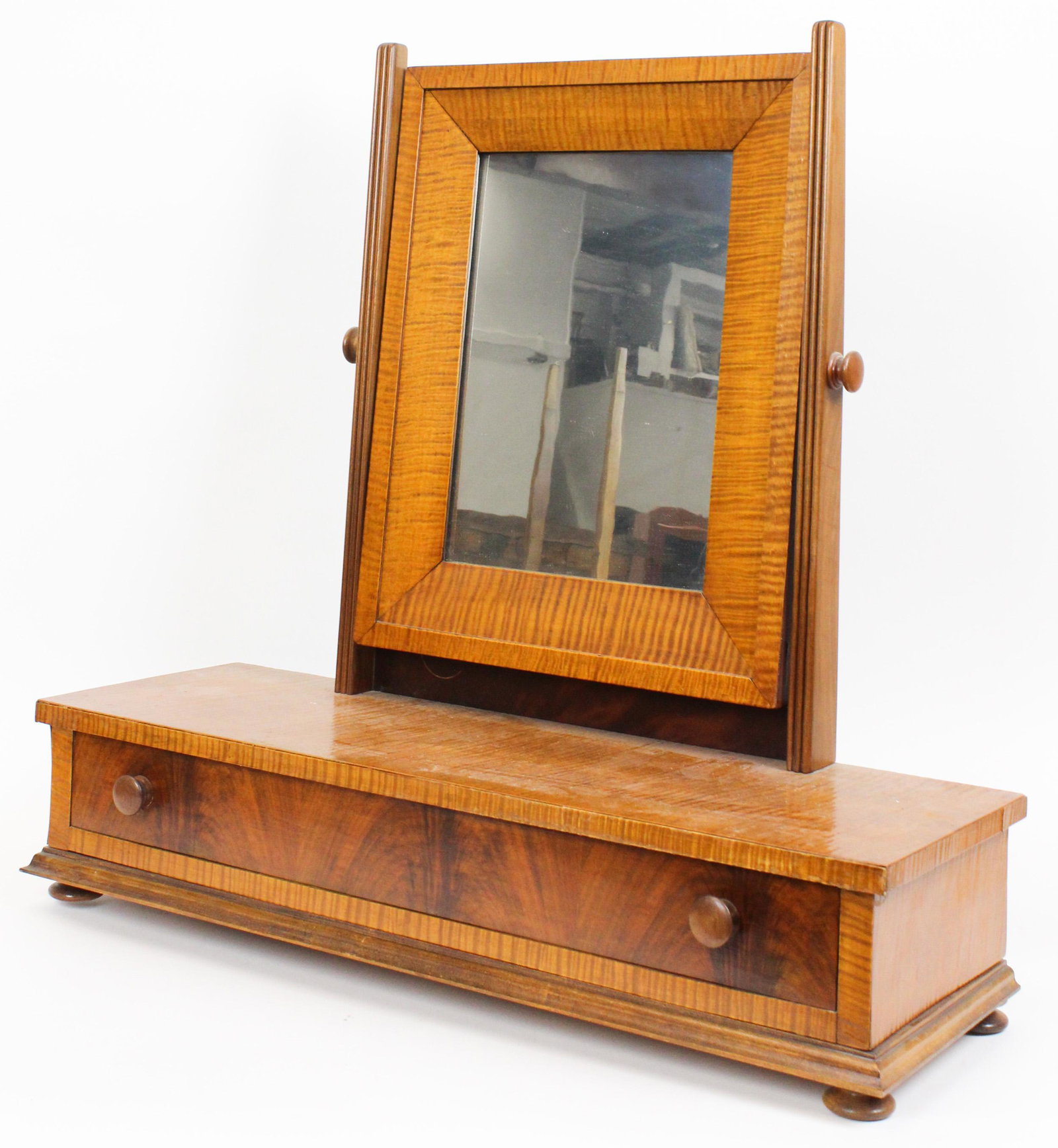 19th c Tiger Maple Dressing Mirror: 19th c tiger maple and mahogany dressing mirror with drawer, unusual large size, dovetailed construction, length 29" ht 28 1/2"