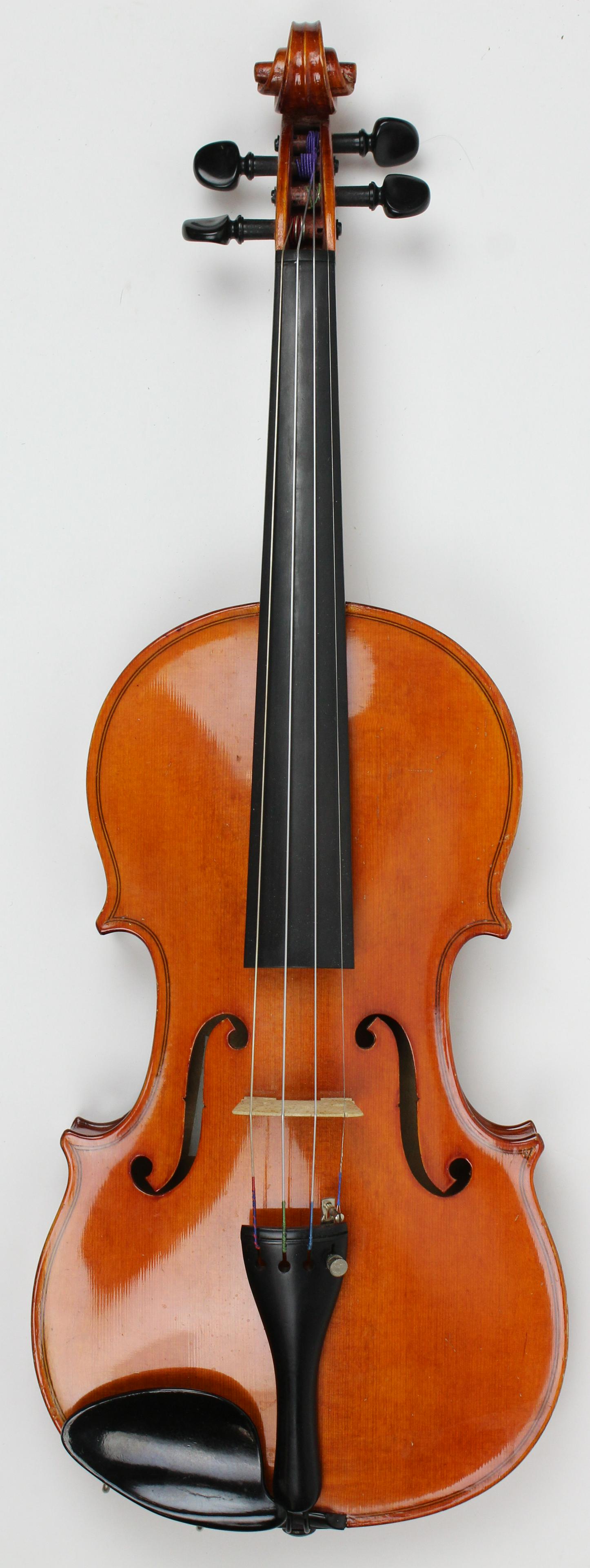 Modern German 4/4 Violin: Good Modern German factory model violin, "Made in Germany" in black ink printed on paper label, unsigned, 2 piece tiger maple back, in excellent playing condition, with case and bow, length 23"