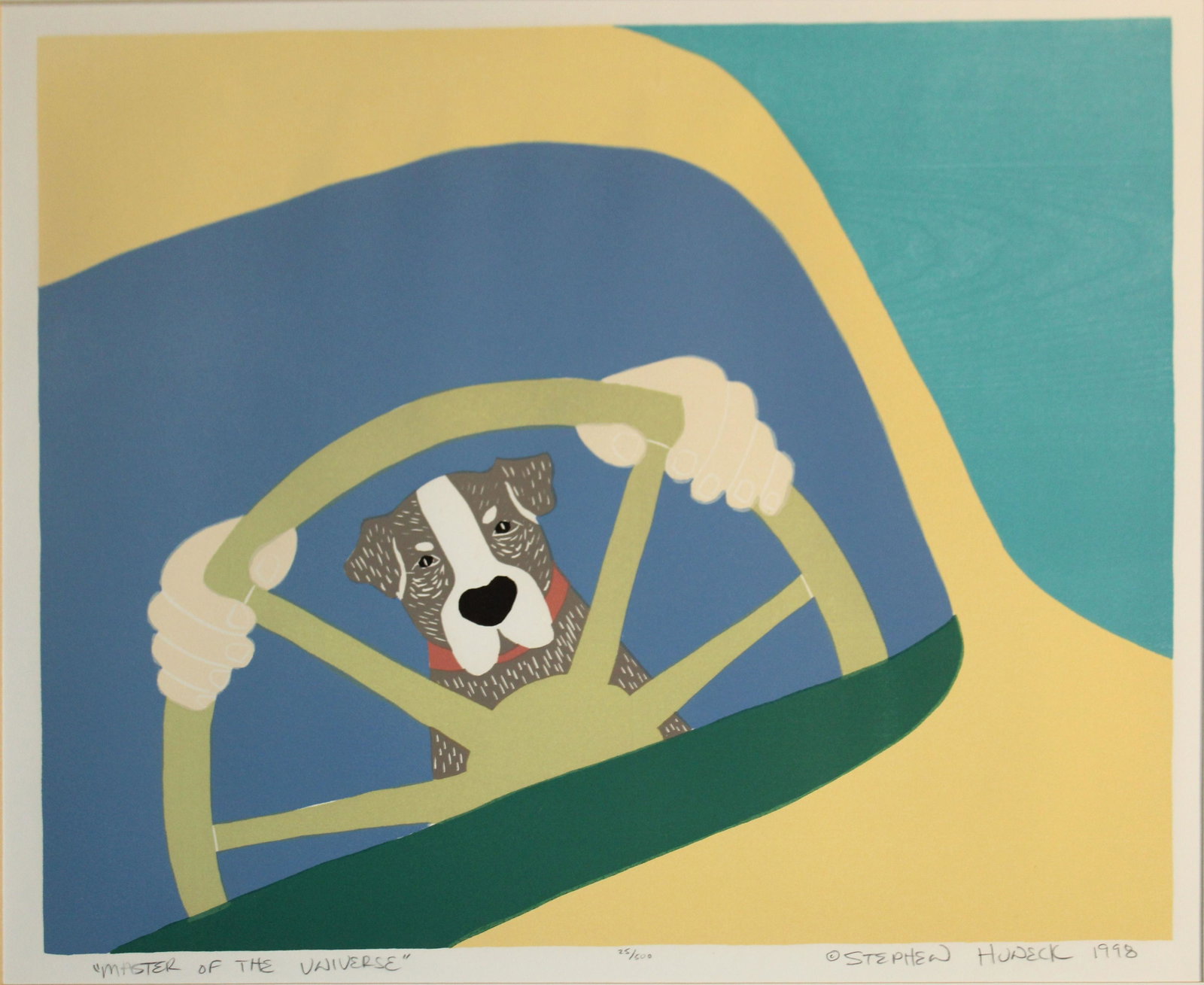 Stephen Huneck (VT 1948-2010) Master: Stephen Huneck (Vermont 1948-2010) Master of The Universe woodblock on paper - 25/500 Signed lower margin dated 1998 16 x 20"