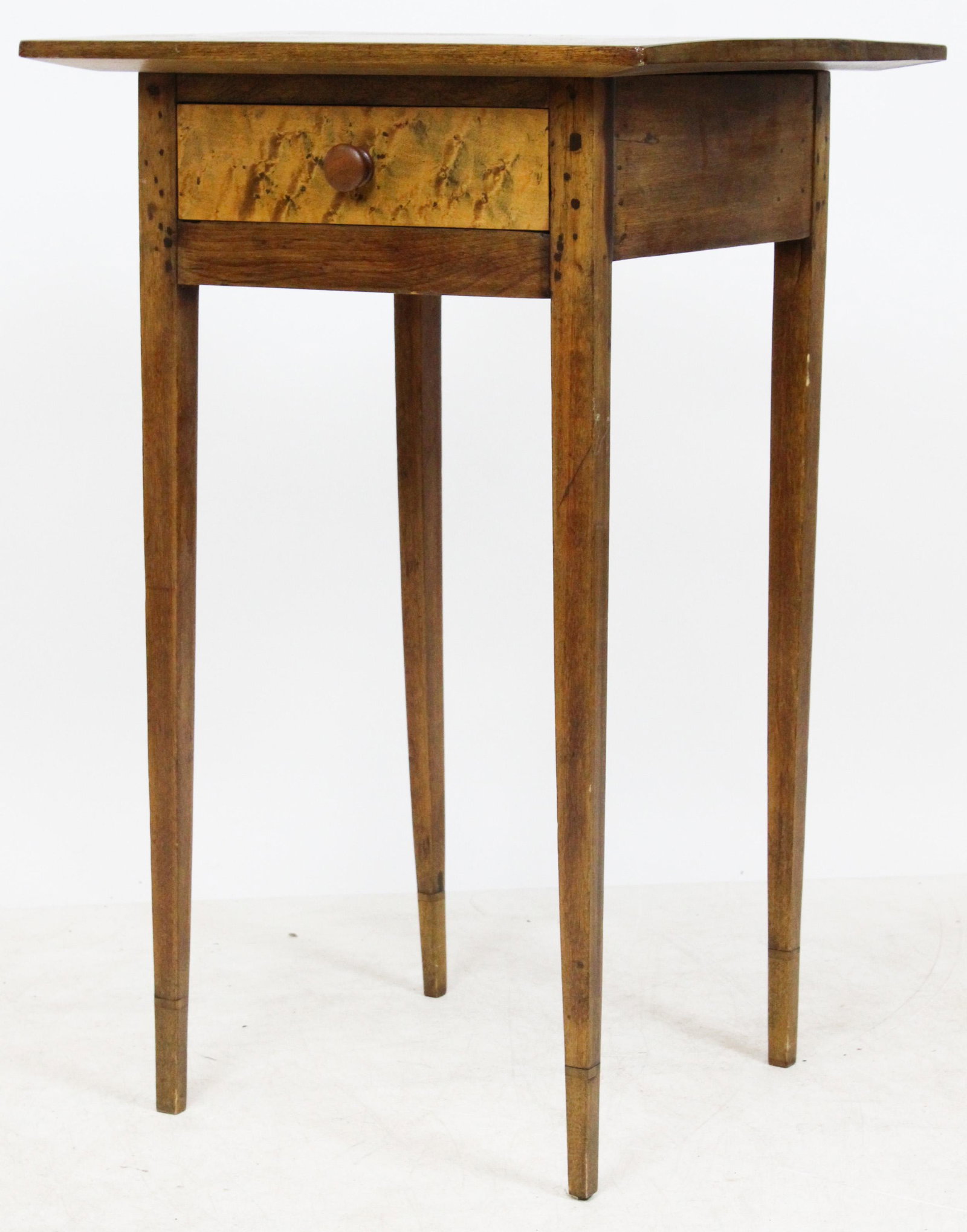 Hepplewhite Birdseye Stand: Circa 1800 Vermont Hepplewhite Birdseye maple drawer single drawer front stand. Birch top, chamfered, birch legs with cuff inlay. Refinished, tack staining, clean, top reset. 19" wide top, 30" high.