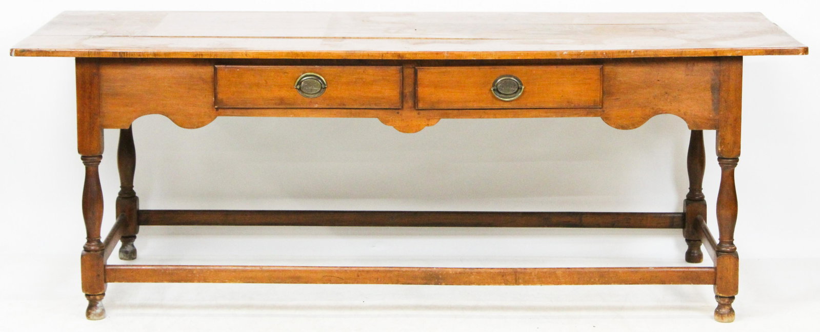 Queen Anne Refectory Table: Queen Anne style cherry work table or refectory table. Two board top, over two drawers, turned legs, stretcher base. Made of old parts. Good condition. 80" long, 29" wide, 28" h.
