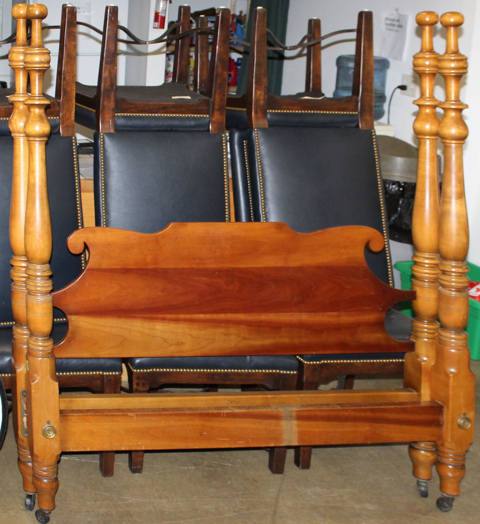 Stickley Sheraton Tall Post Bed: Stickley Colonial Revival Sheraton cherry tall post bed. Refinished. 57" h posts, 54" wide, or double bed. Good condition, complete with side rails.