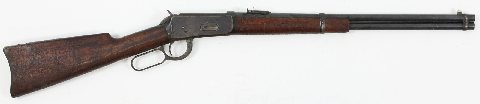 Winchester Model 1894 Carbine in .30 WCF: Early Winchester Model 1894 Saddle Ring Carbine in .30 wcf (30-30 Winchester) with 19" barrel, significant alligatoring to lacquer finish on stock, minor field wear and oxidation on metal parts, early