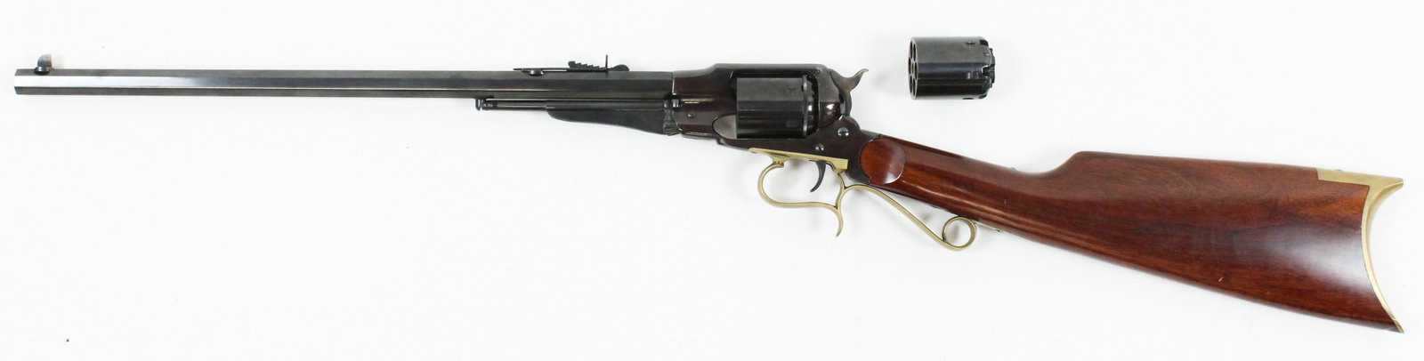 Uberti - Model 1858 Carbine in .45 Long Colt: Uberti Italy - contemporary re-enactor or Cowboy Action Revolver Carbine Model 1858- After Remington New Model Army- With two cylinders (one .44 cal black powder percussion, one . 45 Long Colt cartrid