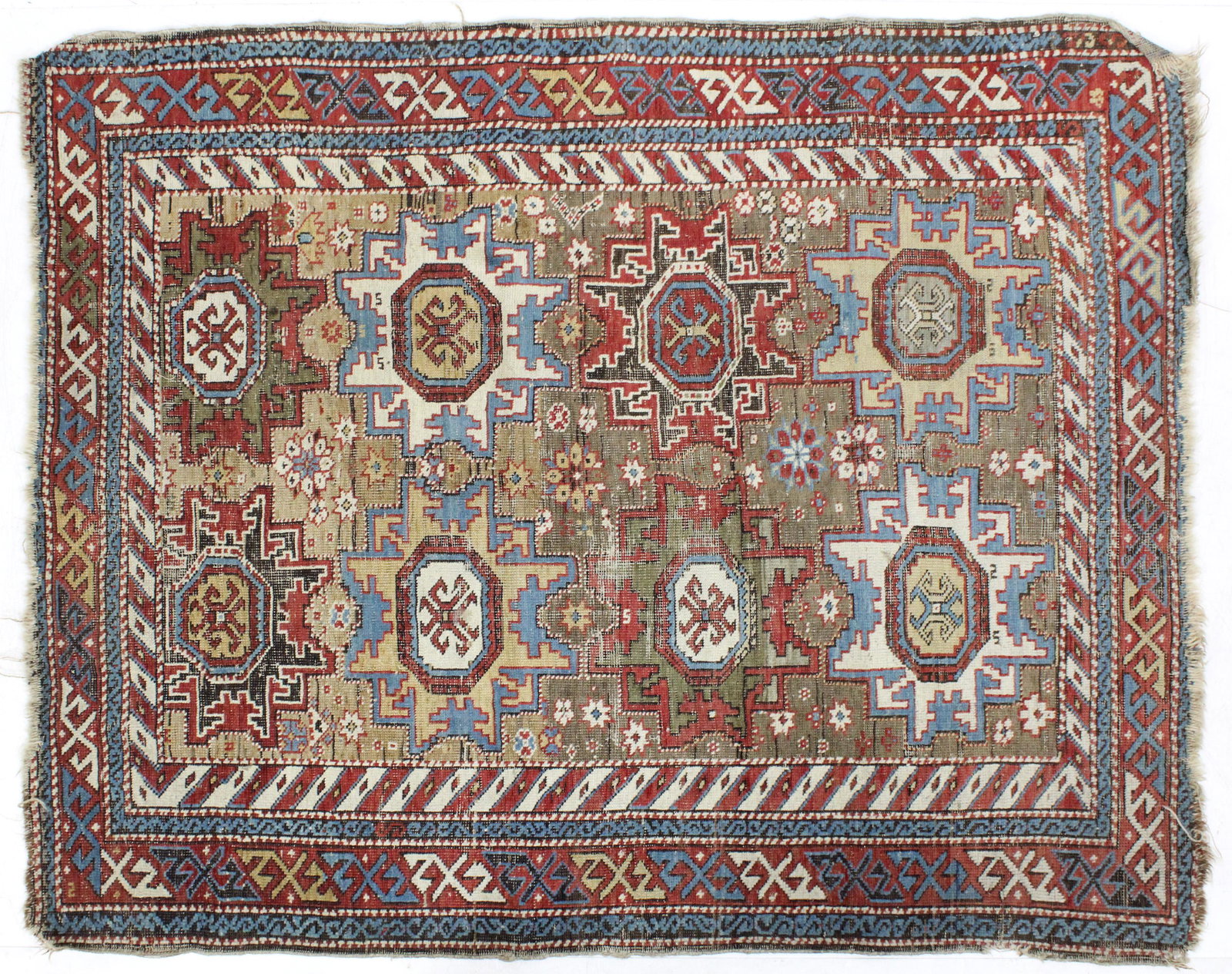 Late 19th/ Early 20th c Kazak Area Rug: Late 19th/ early 20th c Kazak area rug, oxidizing brown & black, areas of wear commensurate with age and use, 3' 6" x 4' 5"