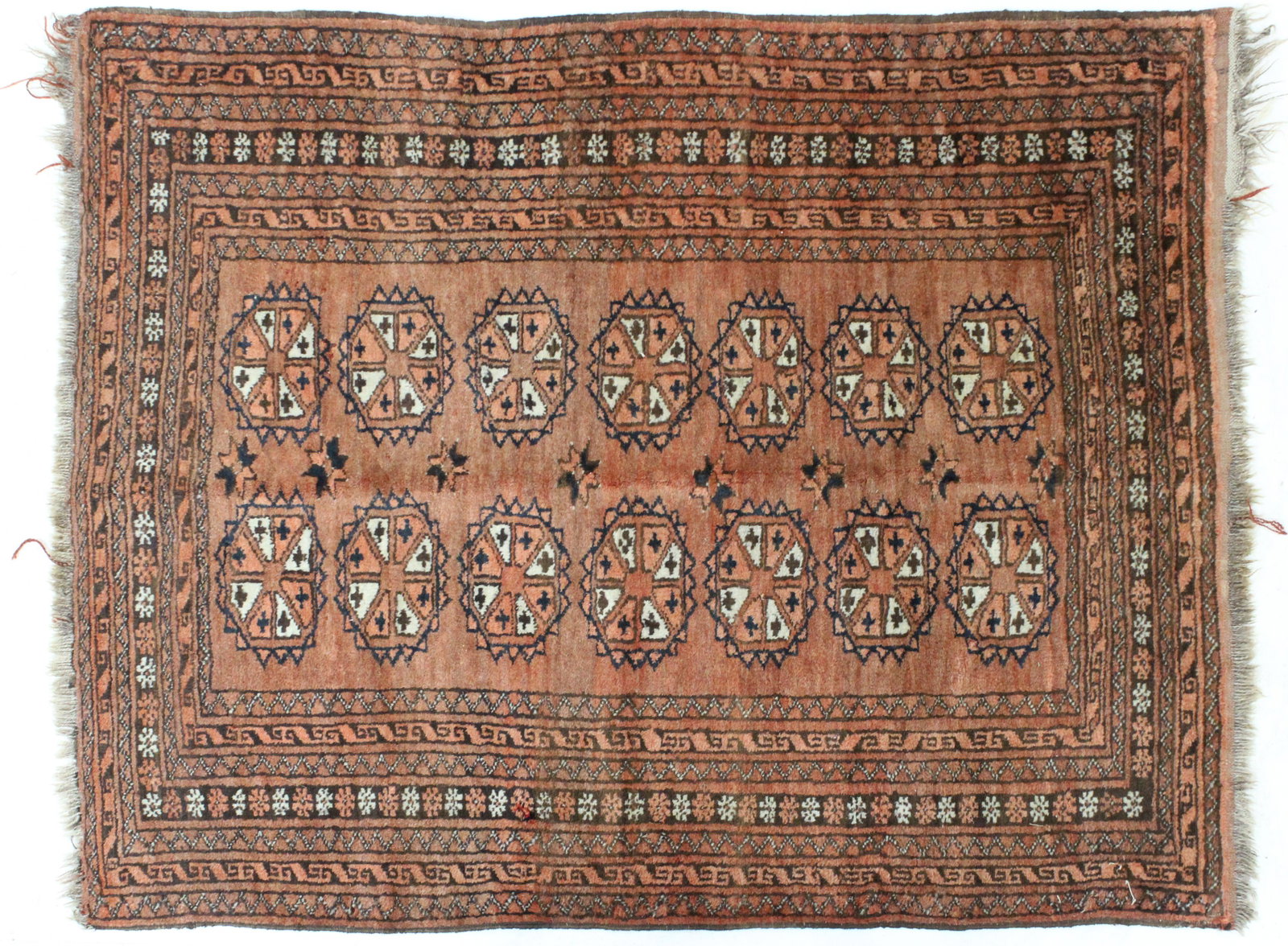 Early- Mid 20th c Tekke Area Rug: Early- Mid 20th c Tekke area rug, wide multiple guard borders, 2 rows of 7 guls, all wool, sun faded, 3' 4" x 4' 3"
