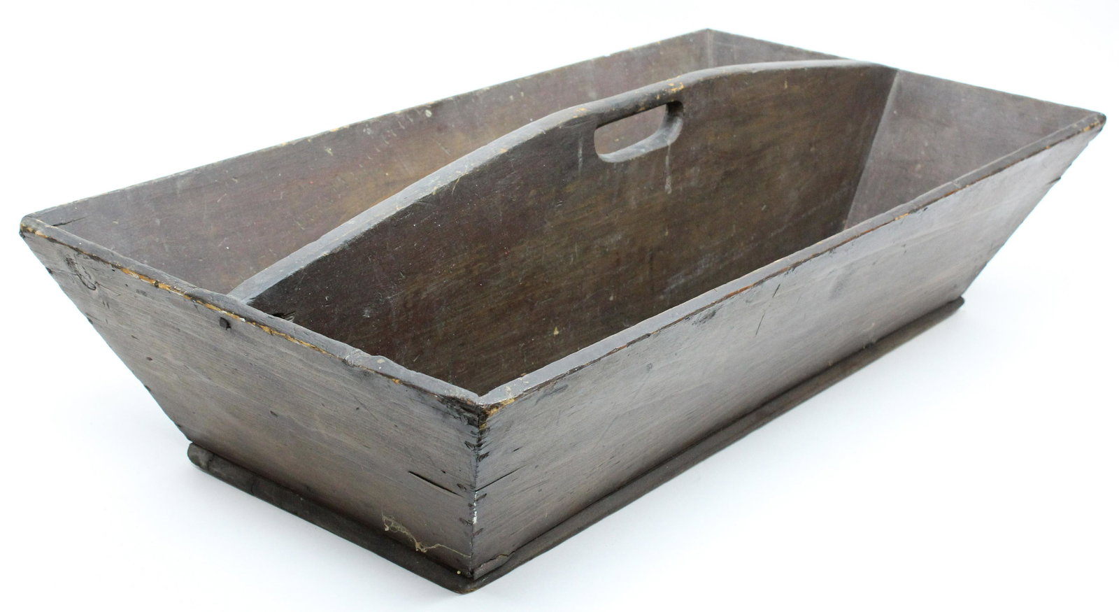 Large 19th c Primitive Wooden Carrier: 19th c primitive wooden carrier, unusual large size, square nailed construction, old dry surface, chips, losses on edge of base commensurate with age and use, length 29 1/2"