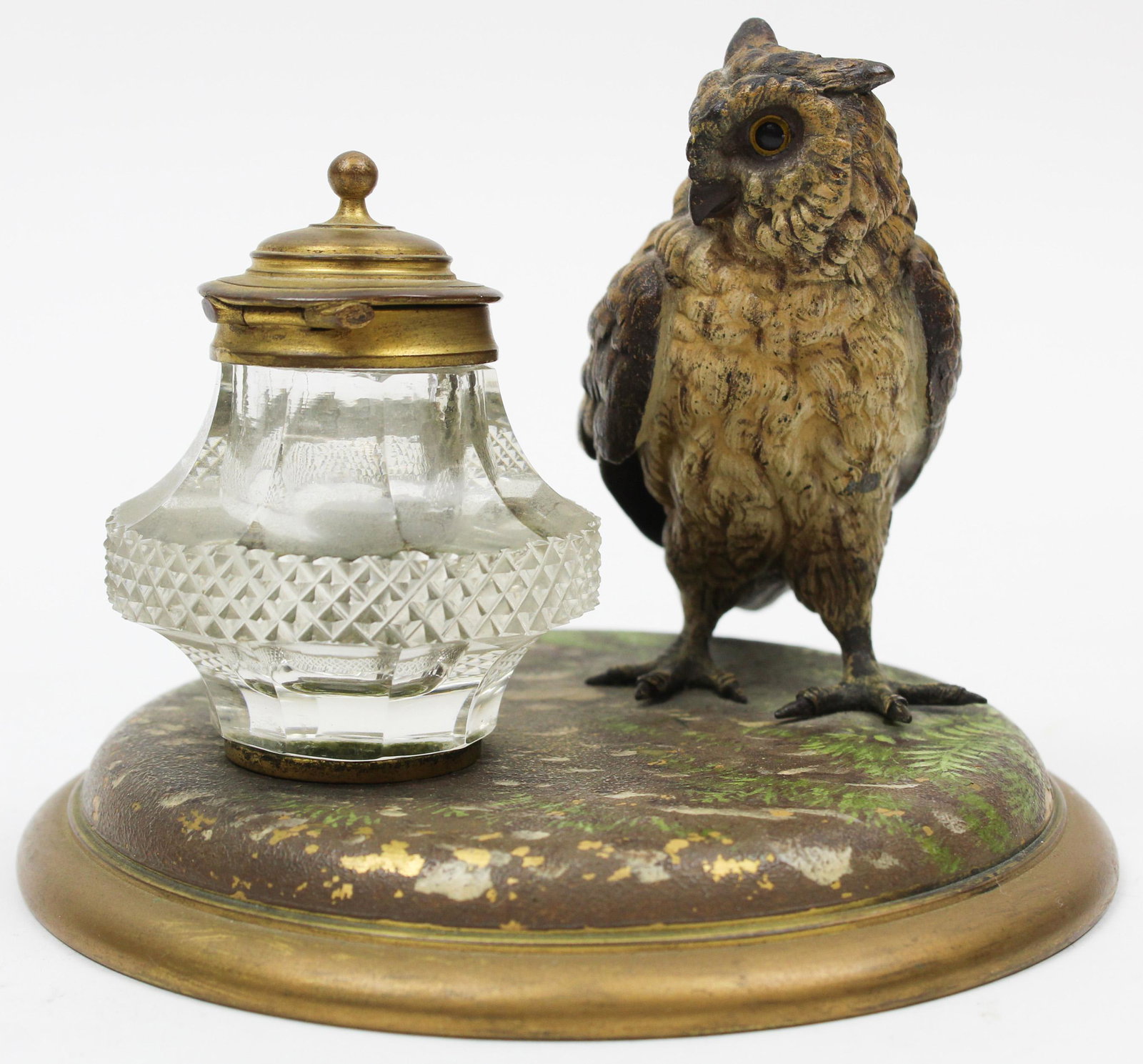 Austrian Figural Cold Painted Bronze Inkwell: Austrian cold painted bronze inkwell with owl, intaglio painted eyes, paint condition very good, inkwell lid loose, overall ht 4", diameter 5"